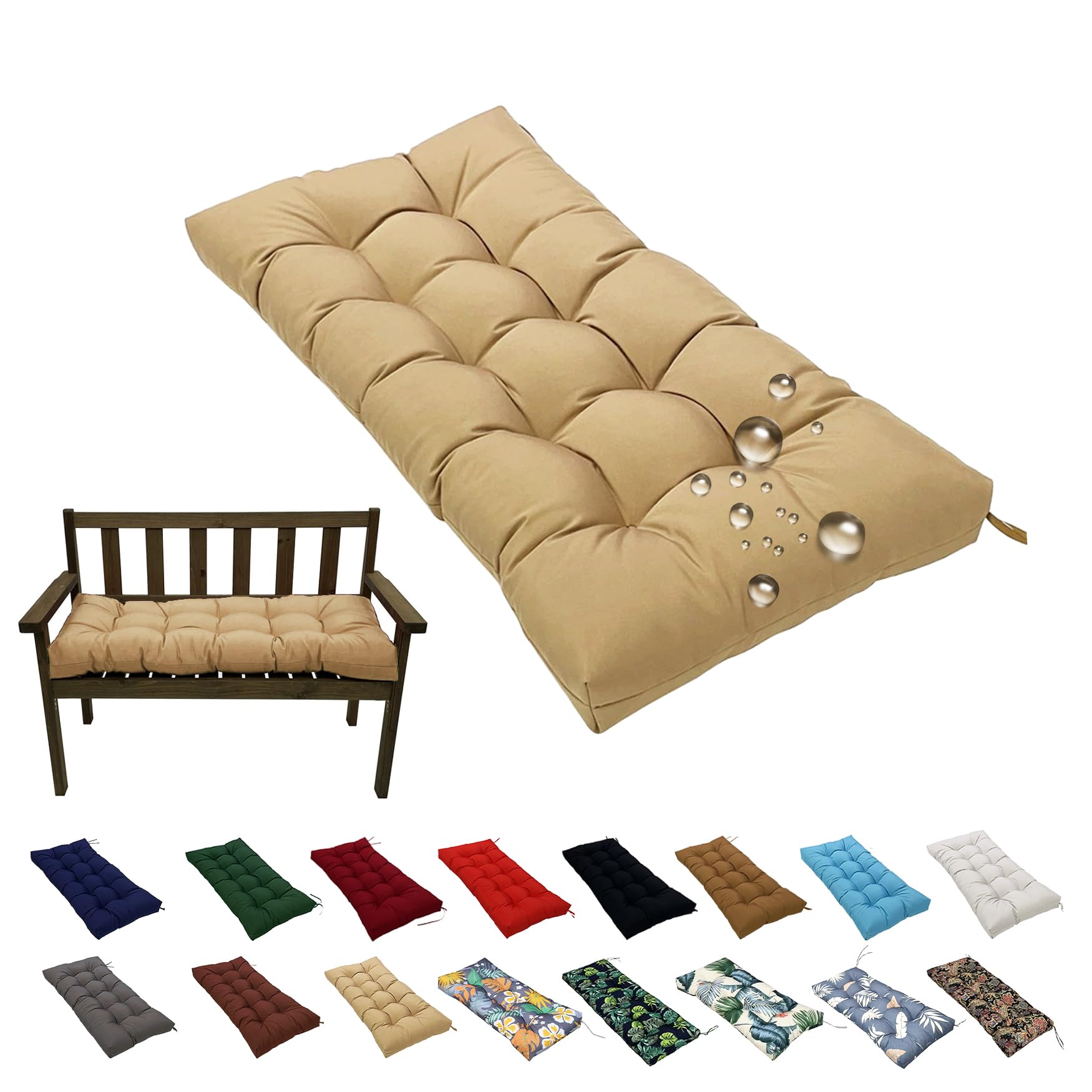 Coussin banc de jardin imperméable kaki 130x50 cm épais pour assise extérieure et patio