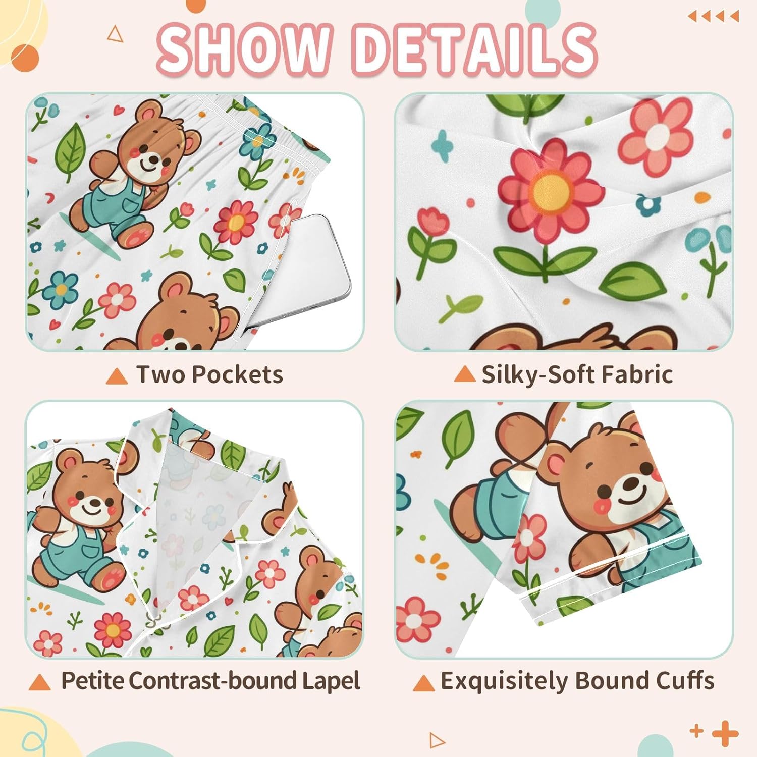Kids Casual Satin Wear Set Pattern with Cartoon Bear Flower and Leaf Unisex Short Sleeve Clothing for Relaxing