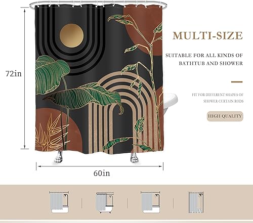 Miniatura 5 de Glawry Cortina de ducha de mediados de siglo marrón oscuro, 60 pulgadas de ancho x 72 pulgadas de largo, bohemio, abstracto, retro, tropical, hojas