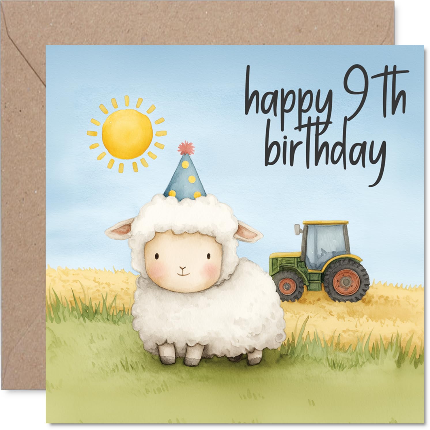 Playful 9th Birthday Card - A Bright Start to Turning Nine - Party Sheep and Cheerful Tractor in a Sunny Pastel Field - 145mm Square, Envelope Included