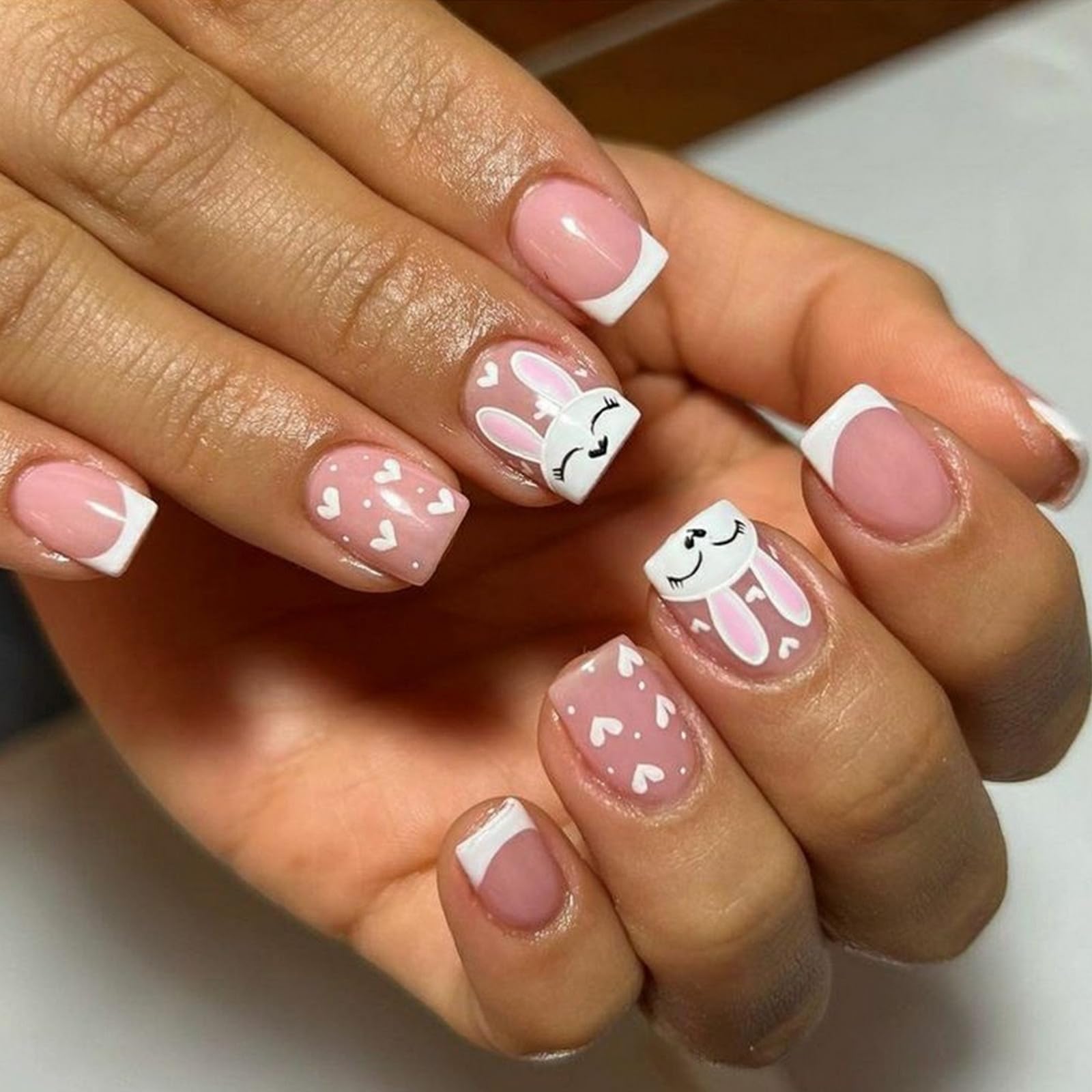 Easter Press on Nails Short Square OFDNE White French Tip Fake Nails False Nails with Designs Cute Rabbit Bunny Heart Glossy Glue on Nails Spring