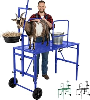 Goat Stand with Adjustable Headpiece & Legs, Goat Milking Stand with Feeder, Rails & Wheels, Stanchion for Grooming & Hoof Trimming, Sheep Stand for Shearing Heavy-Duty Steel Platform, Blue