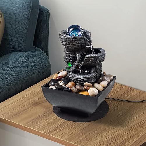 Miniatura 6 de Tabletop Fountain Indoor Waterfall Meditation Fountain Like Layers of Rock Desktop Water Feature Includes Many Natural River Rock LED Lights Rolling