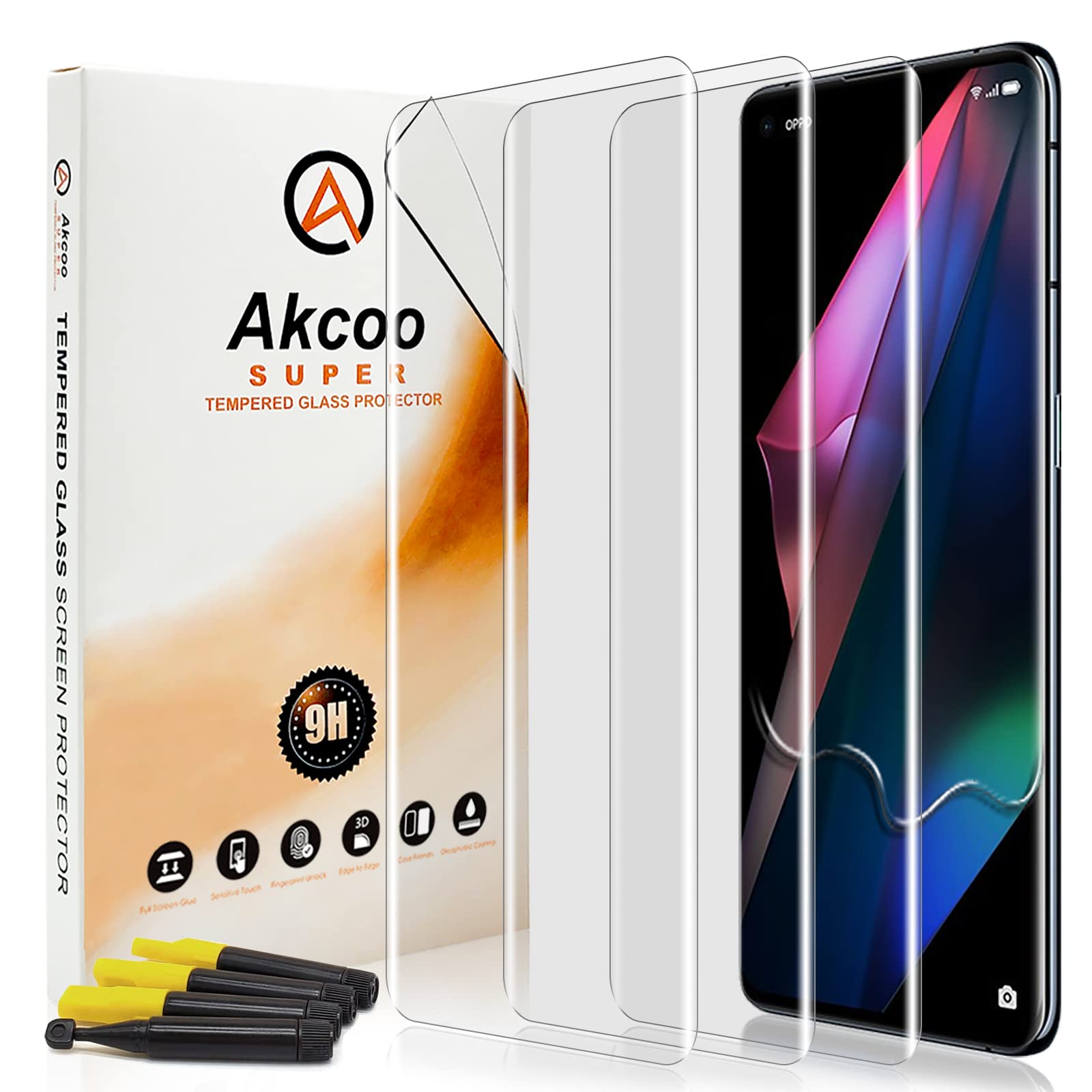 Akcoo 3 Pezzi, Vetro Temperato per OPPO Find X3 Pro, Pellicola Prottetiva Set UV, 0.2mm Compatibile ID Impronte Digitali,Tocco Sensibile,Riparazione di Graffi e Crepe