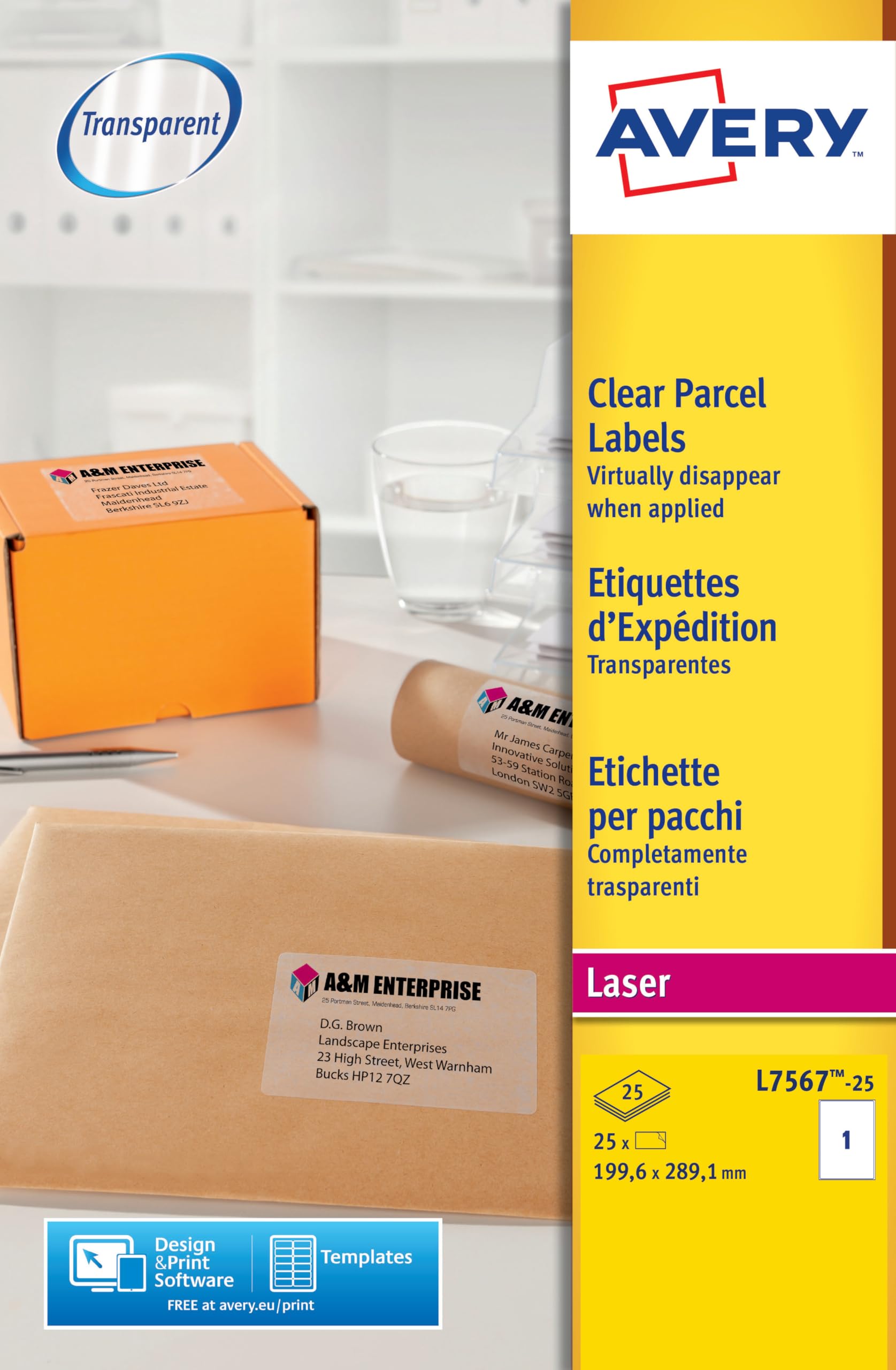 AVERY L7567-25 Pochette de 25 Étiquettes Transparentes Autocollantes, Format 210 x 297 mm, Impression laser