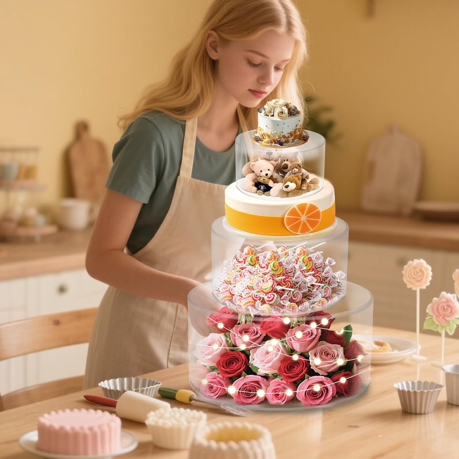 3Pcs Acrylic Cake Display Stand 6'' 8'' 10'' Round 3 Tier Clear Cylinder Cake Box for Wedding Birthday Party Decor (6 / 10 / 12 Inch)