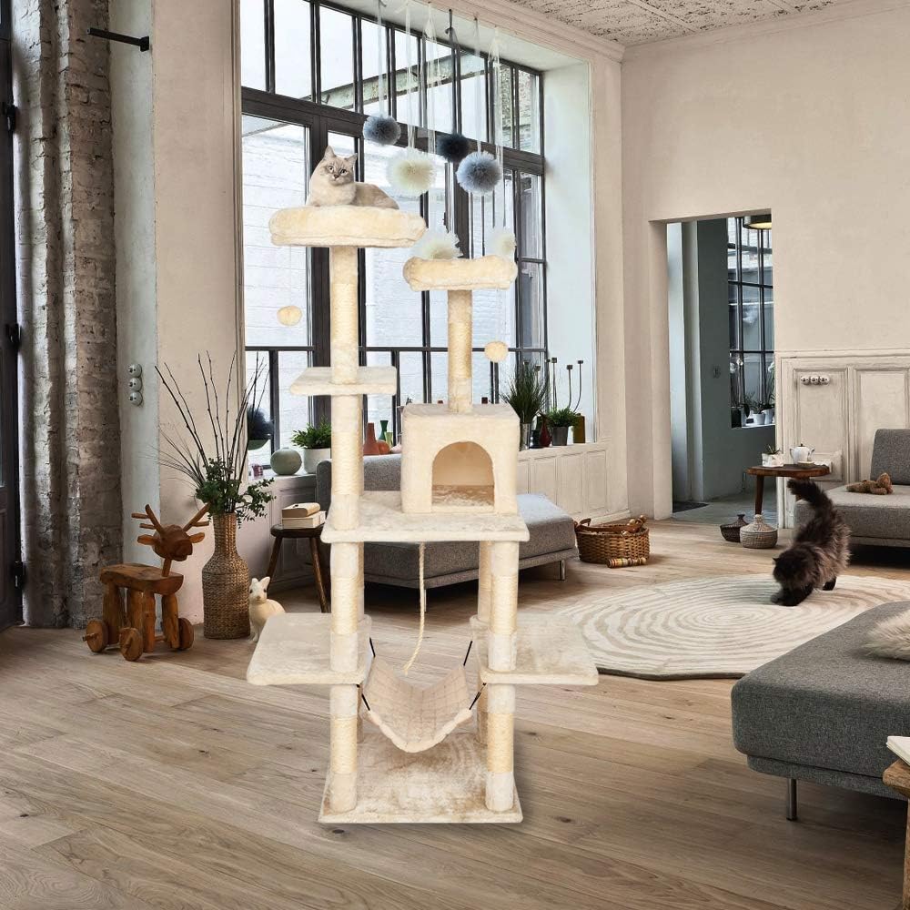 Bonnlo 60" Cat Tree Tower with a Condo, Two Platforms, Sisal Scratching Posts and Hammock,Pet House Furnifure Cat Activity Tower