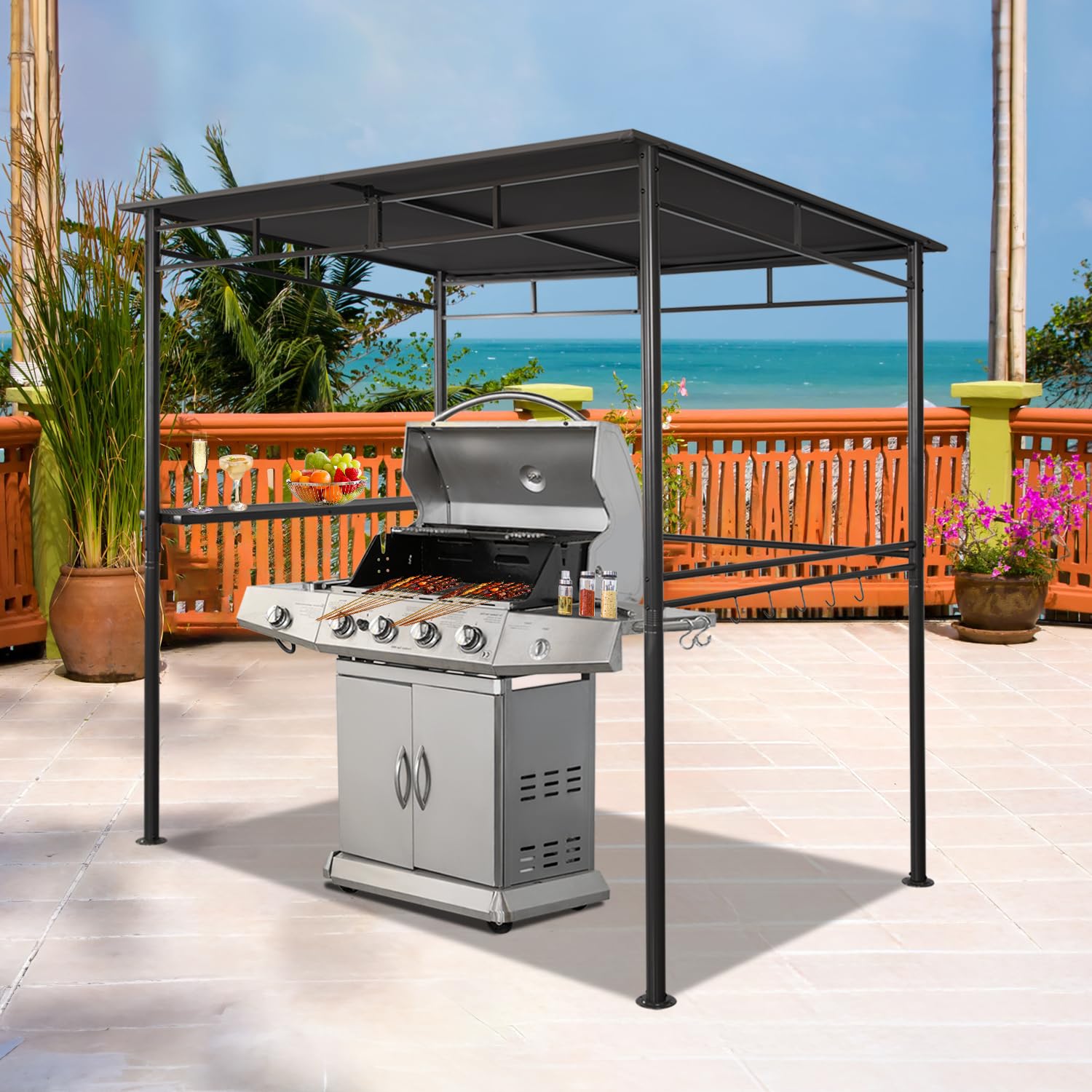 Angel Living Grillpavillon 218x150x215cm, Winddicht mit Seitenregalen Gartenpavillon Regalen Gartenlauben mit UV-Schutz, BBQ Pavillon aus Stahl, Gartenzelt Grillzelt für Party BBQ Grau