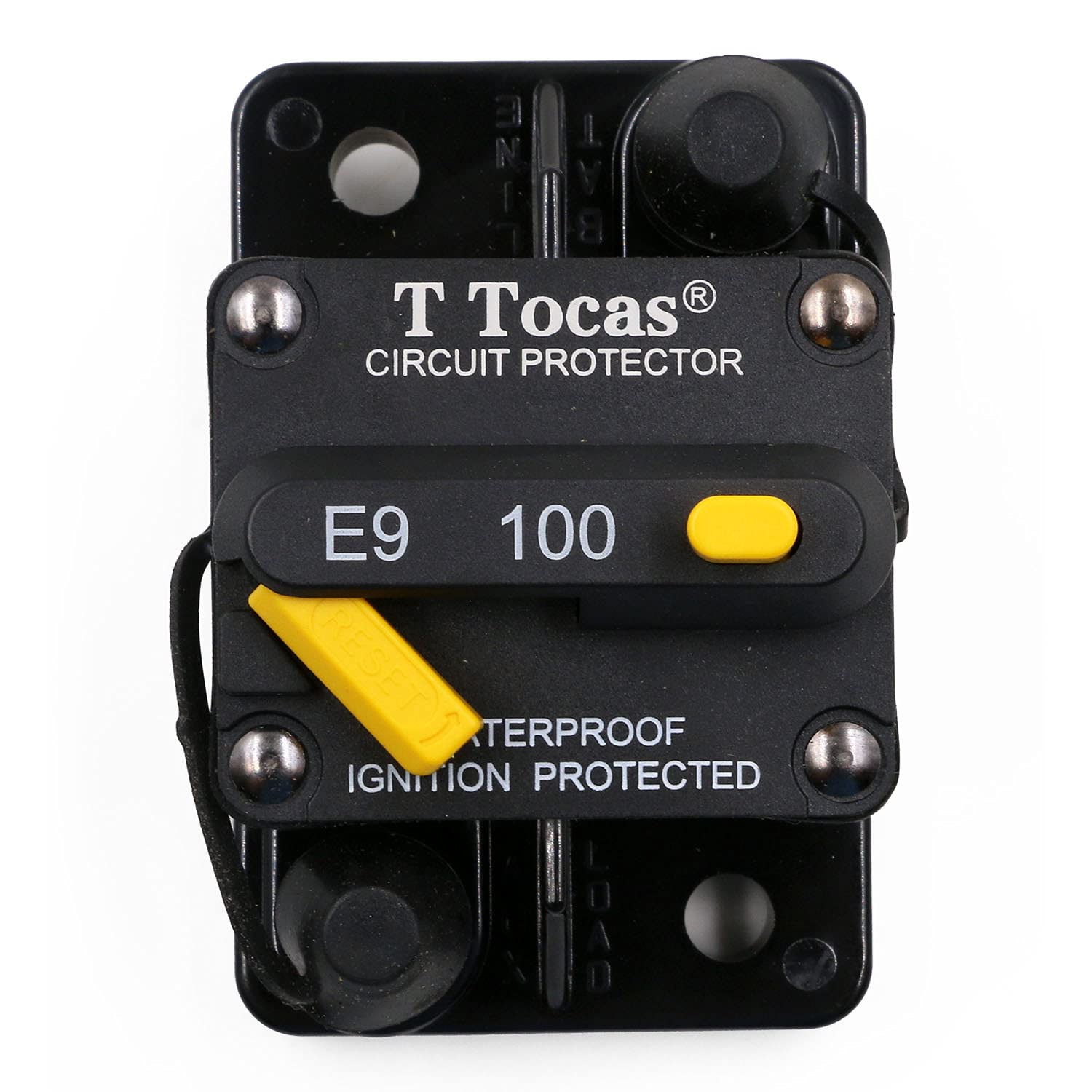 T Tocas 100 Amp Circuit Breaker with Manual Reset, Ignition Protected, 12V- 48V DC, Water Resistant (100A)