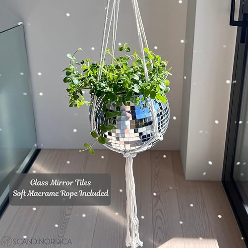 Miniatura 3 de SCANDINORDICA Maceta de bola de discoteca de 8 pulgadas, color plateado con cadena y colgador de macramé y maceta de bola de discoteca de 4.3