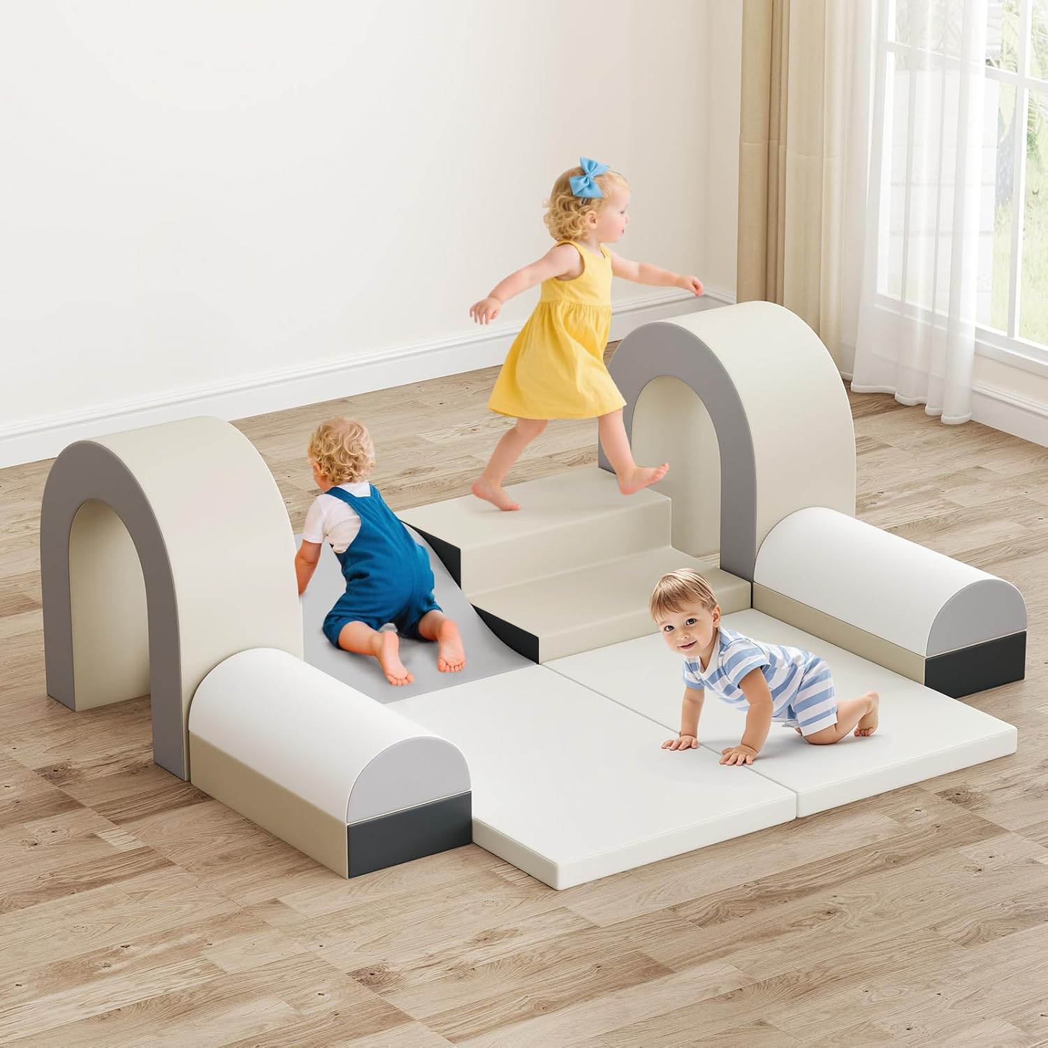 Olakids Toddler Climbing Toys Indoor, 10 Pieces Baby Foam Blocks Soft Play Set with PU Leather, Kids Climb Crawling Activity Gym Playground for 1+ Years (Light Grey)