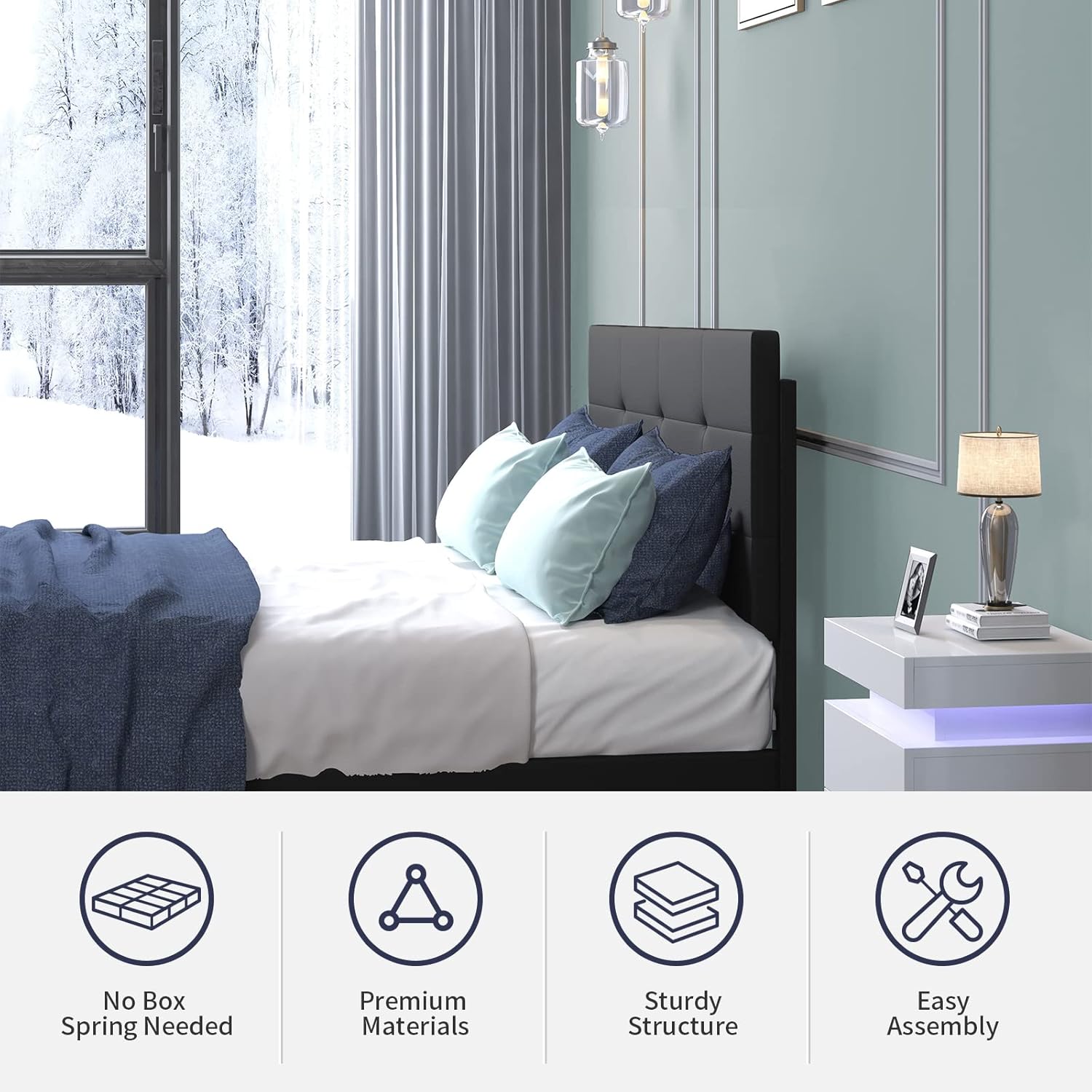 King Platform LED Bed Frame,Upholstered King Bed Frame and Adjustable Headboard,King Bed with RGB LED Strip Light,Wooden Slats Support,No Box Spring Needed,Easy Assembly,Black