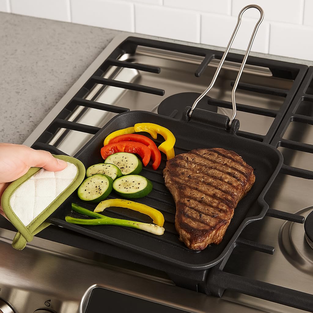 Bistecchiera Liscia in Ghisa con Manico Pieghevole + Presina Termica in Cotone – Piastra Rettangolare Antiaderente per Carne, Verdure e Griglia – Adatta a Gas, Forno e BBQ 24X24CM Ilsa