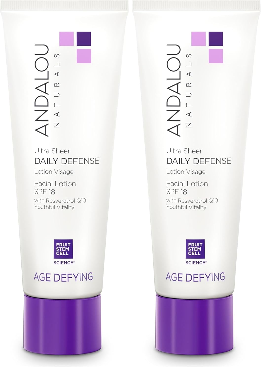 Andalou Naturals Age Defying Ultra Sheer Daily Defense Facial Lotion SPF 18 - Lightweight Sunscreen Moisturizer for Face - With Resveratrol CoQ10 - For All Skin Types - 2.7 oz,(Pack of 2)