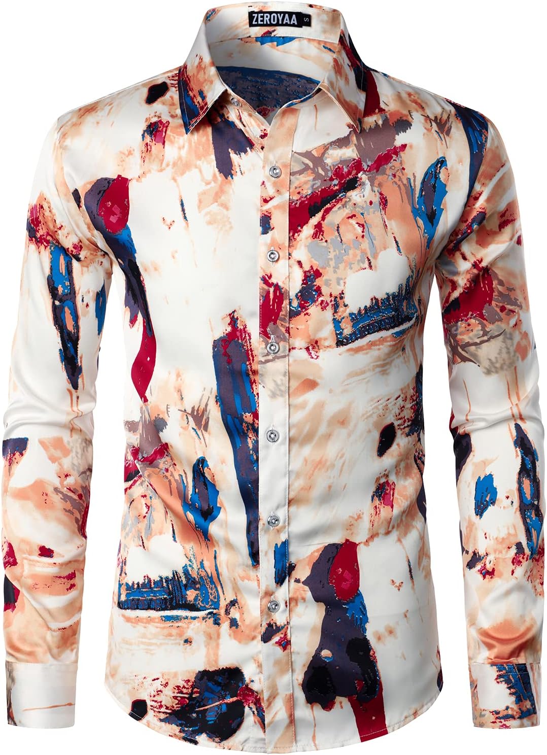 ZEROYAA Men's Hipster Printed Slim Fit Long Sleeve Button Up Satin Dress Shirts