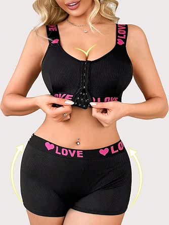 Women Zipper Front Sports Bra Set with Love Print and Matching Shorts