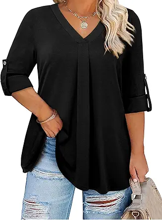 Plus Size Tops for Women V Neck Blouse Pleated Front Loose Fitting Tunic Top Dressy Casual Fall Clothes 2025