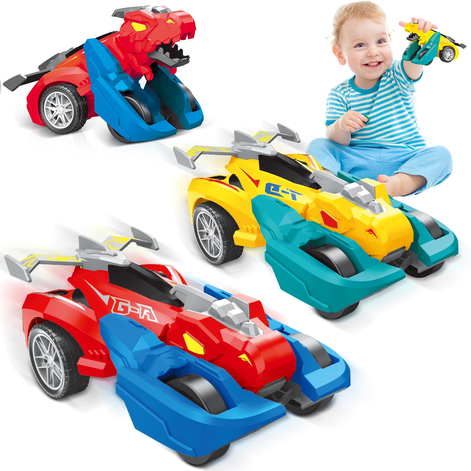 Juguetes de dinosaurio transformadores de colisión, juguetes para niños de 2 a 4 años, paquete de 2 camiones transformadores, juguete de auto para niños de 2, 3, 4, 5, 6 años, regalos de Pascua 9