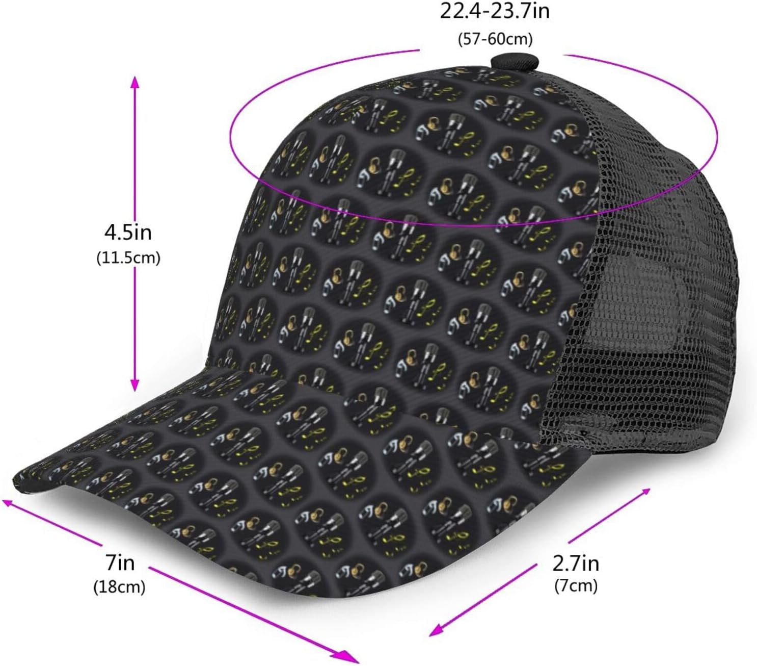 Microphone with Music Notes Print Trucker Hat Curved Brim Mesh Baseball Cap Adjustable Sports Gift image 2