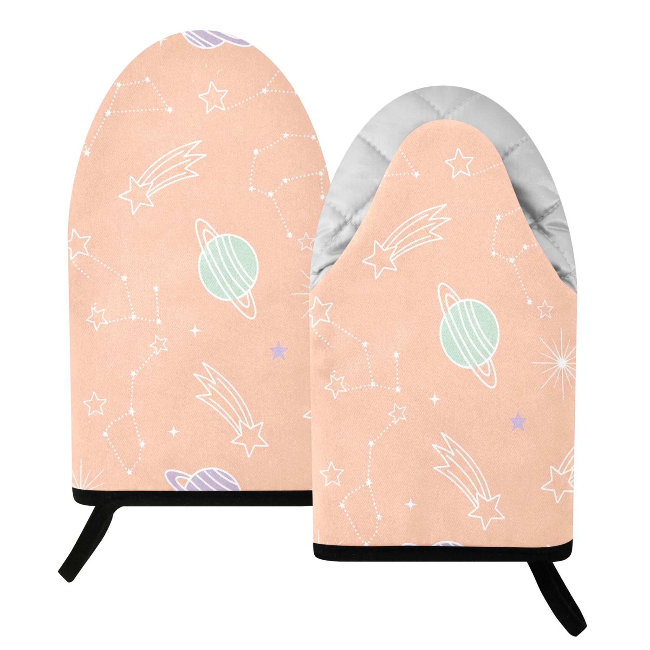 Kutsu Cute Planets Oven Mitts for Kitchen, Heat Resistant Cotton Oven Gloves for BBQ Baking Cooking, Breathable Kitchen Essentials, 2 pcs