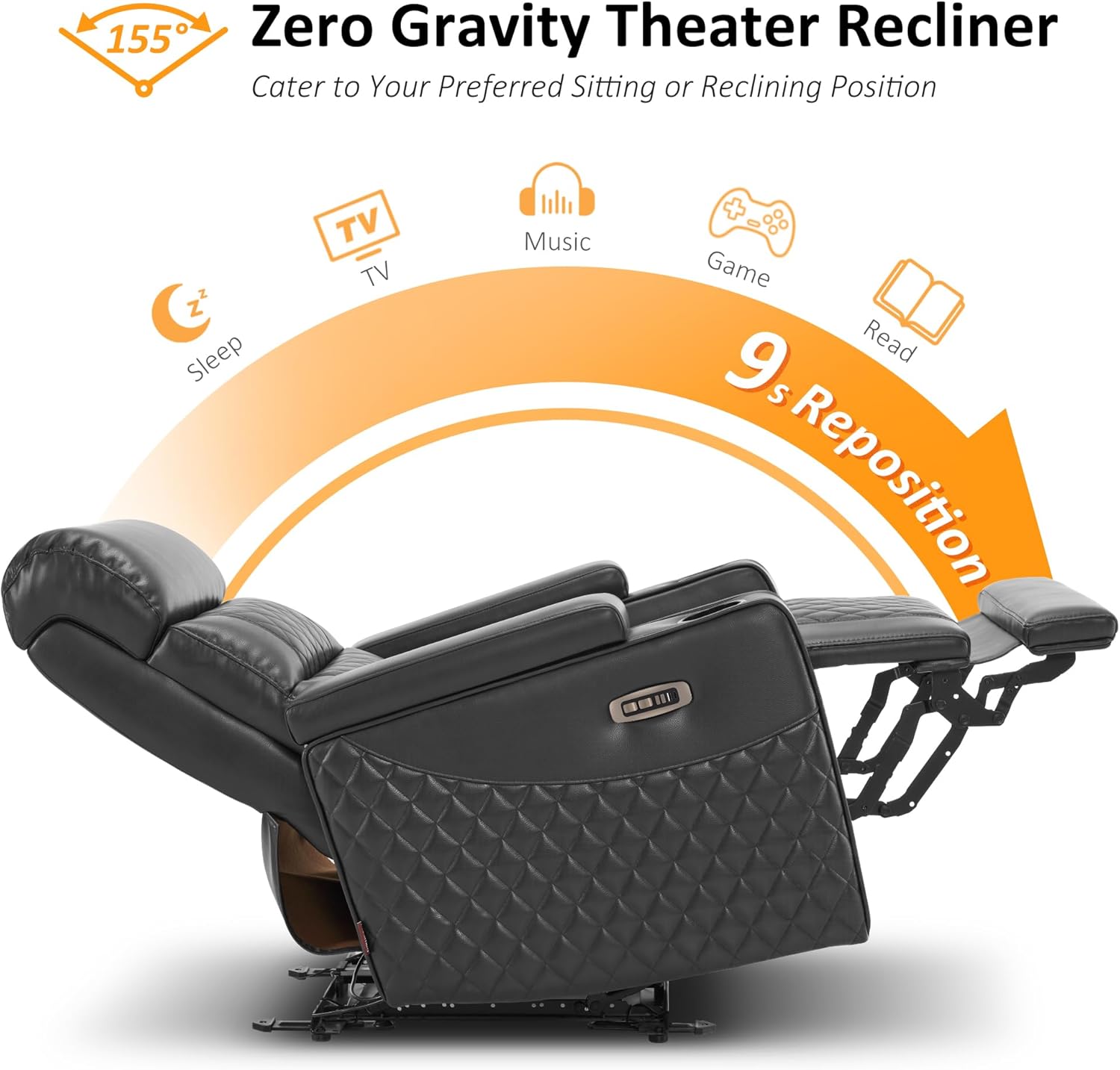 MCombo Power Recliner Chair for Adults, Home Theater Seating with Power Headrest, FSC Certified, USB & Type C Ports, Armrest Storage & LED Light HTS432 (Dark Grey, Single Recliner)