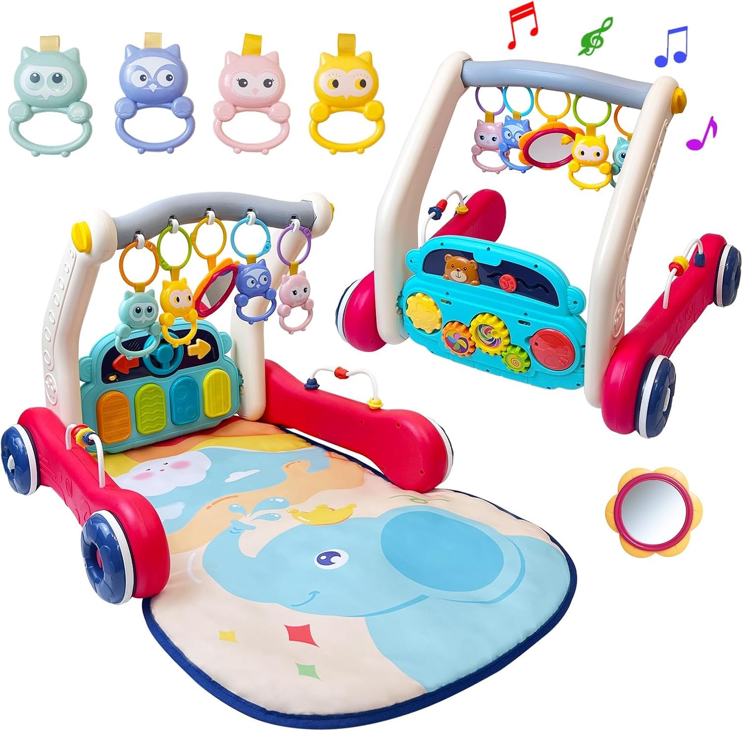 Cuterabit 2-in-1 Baby Gym Play Mat & Push Walker: Music Lights Tummy Time Toys, Adjustable Activity Center for Newborns 0-36 Months