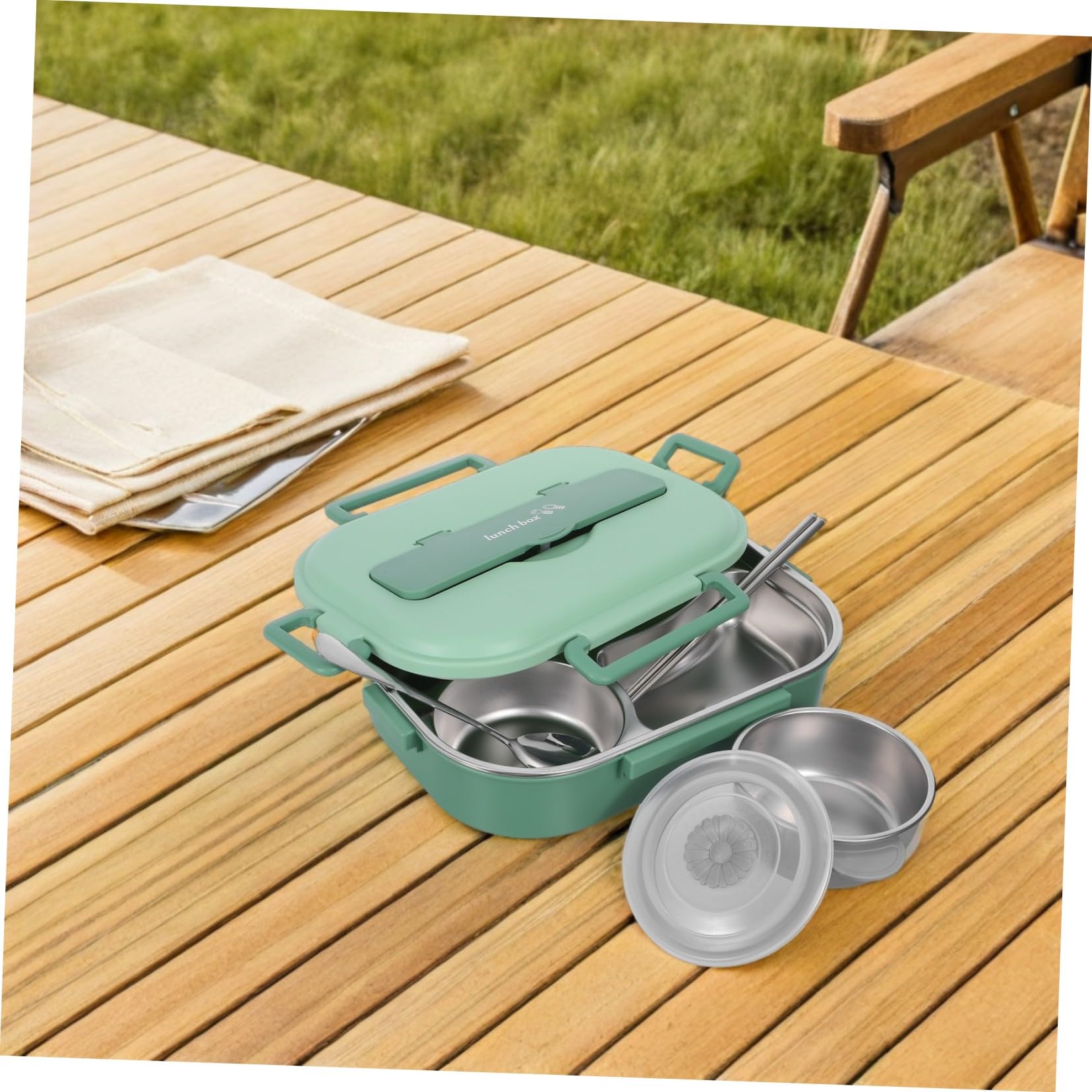 Alipis Bento Lunch Box in Acciaio Inox 1500ml 4 Scomparti | Verde, Set 1 Pezzo con Ciotola per Zuppa e Posate, per Scuola e Gite Lunghe
