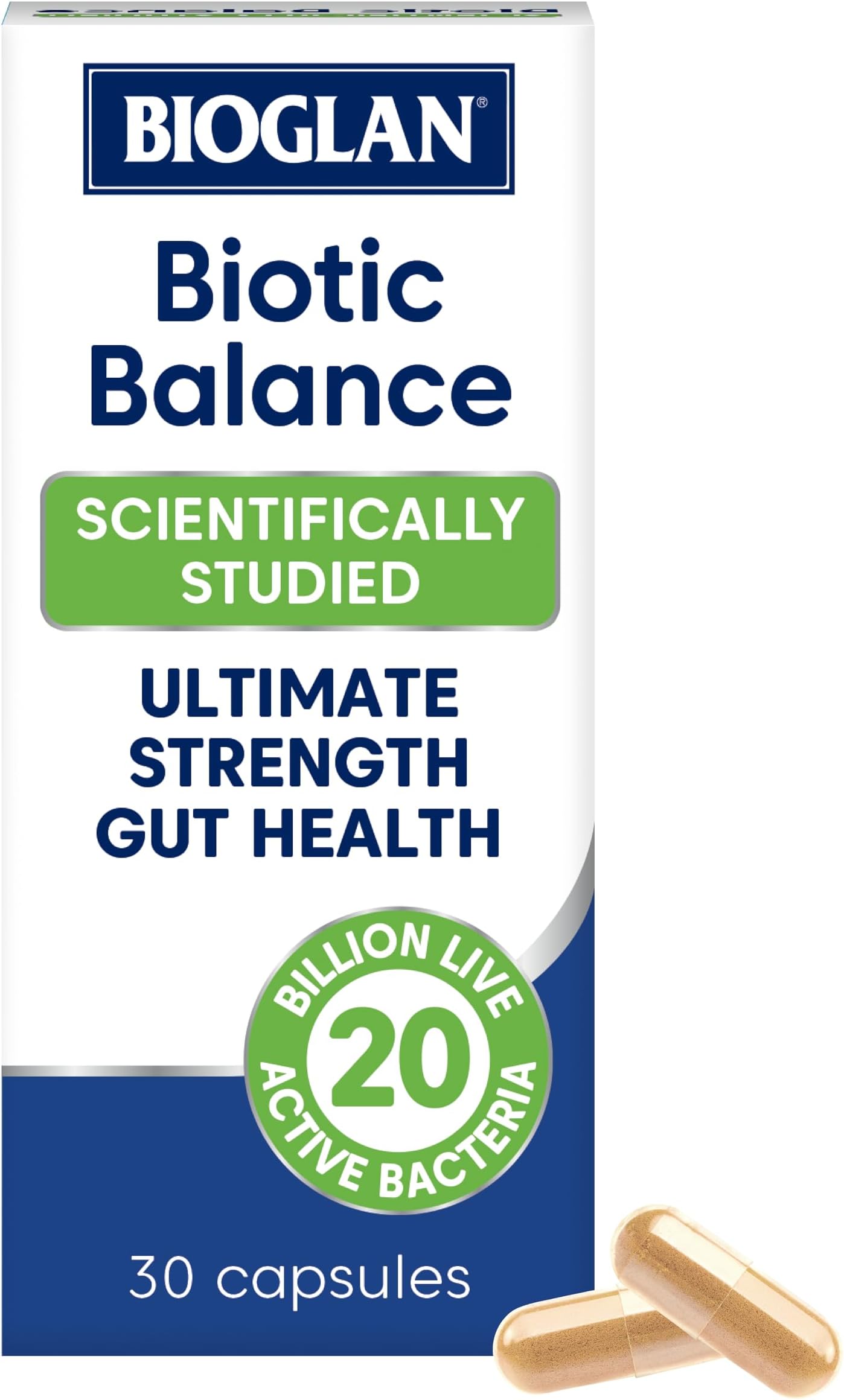 Bioglan Biotic Balance Probiotic 20 Billion - 4 Live Cultures (Lactobacillus Acidophilus, Rhamnosus, Bifidobacterium Longum & Saccharomyces Boulardii) - Gut & Digestive Health Support - 30 Capsules