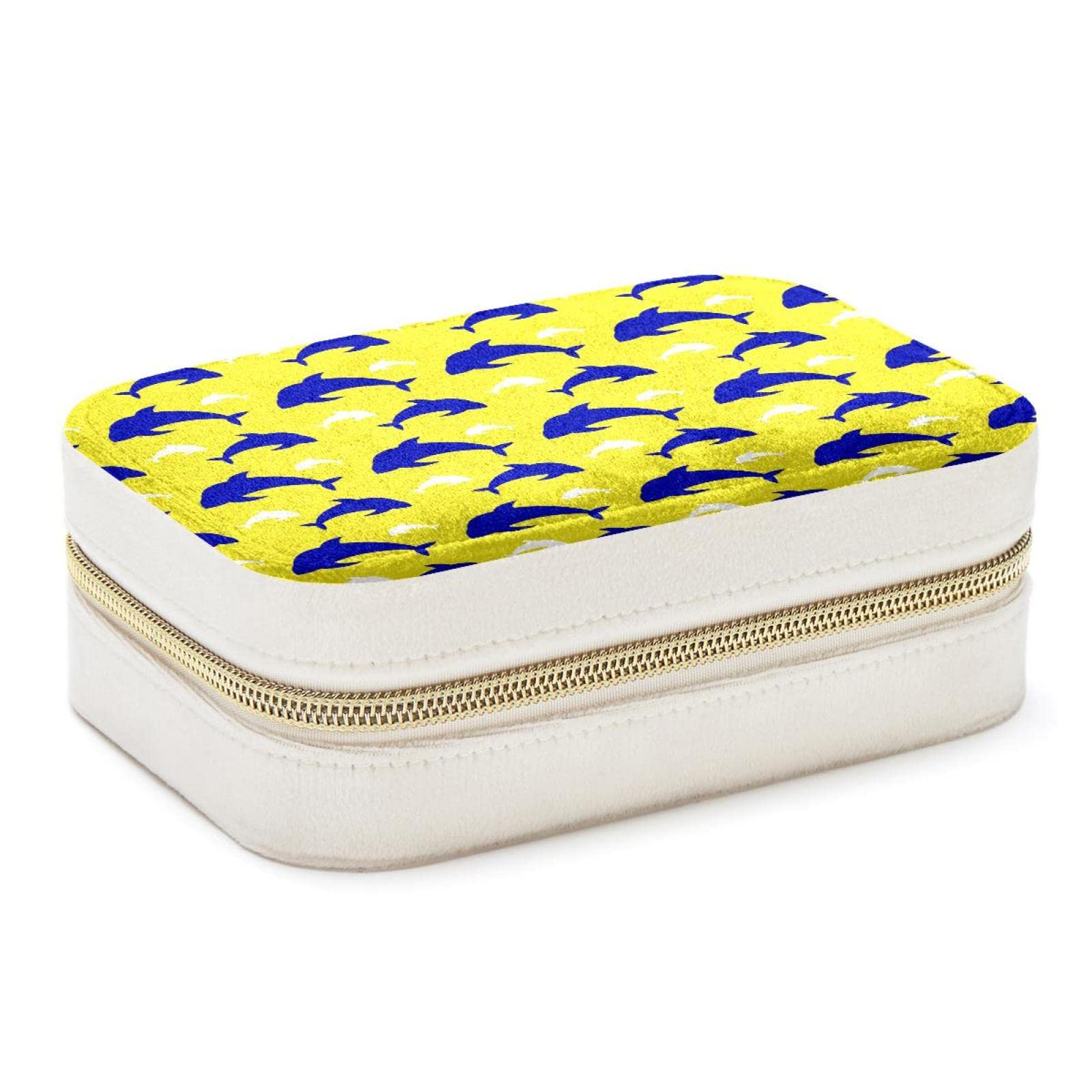 Boîte à bijoux nautique jaune dauphin avec rangements zippés pour boucles d'oreilles