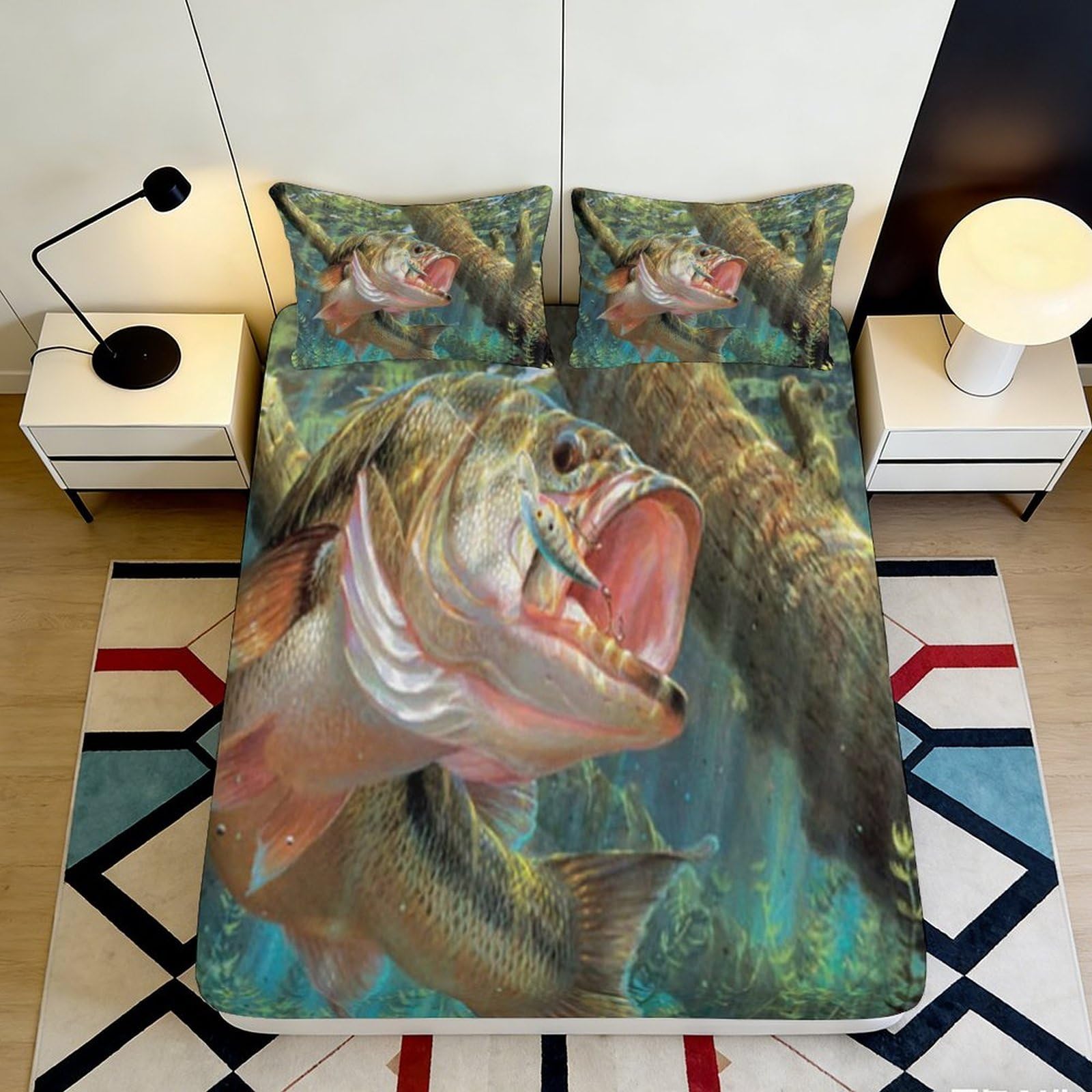 3D Printed Largemouth Bass Fishing Fitted Sheet Microfiber Soft Bed Cover for Bedroom Decor Mattress Protection 90x200x25cm