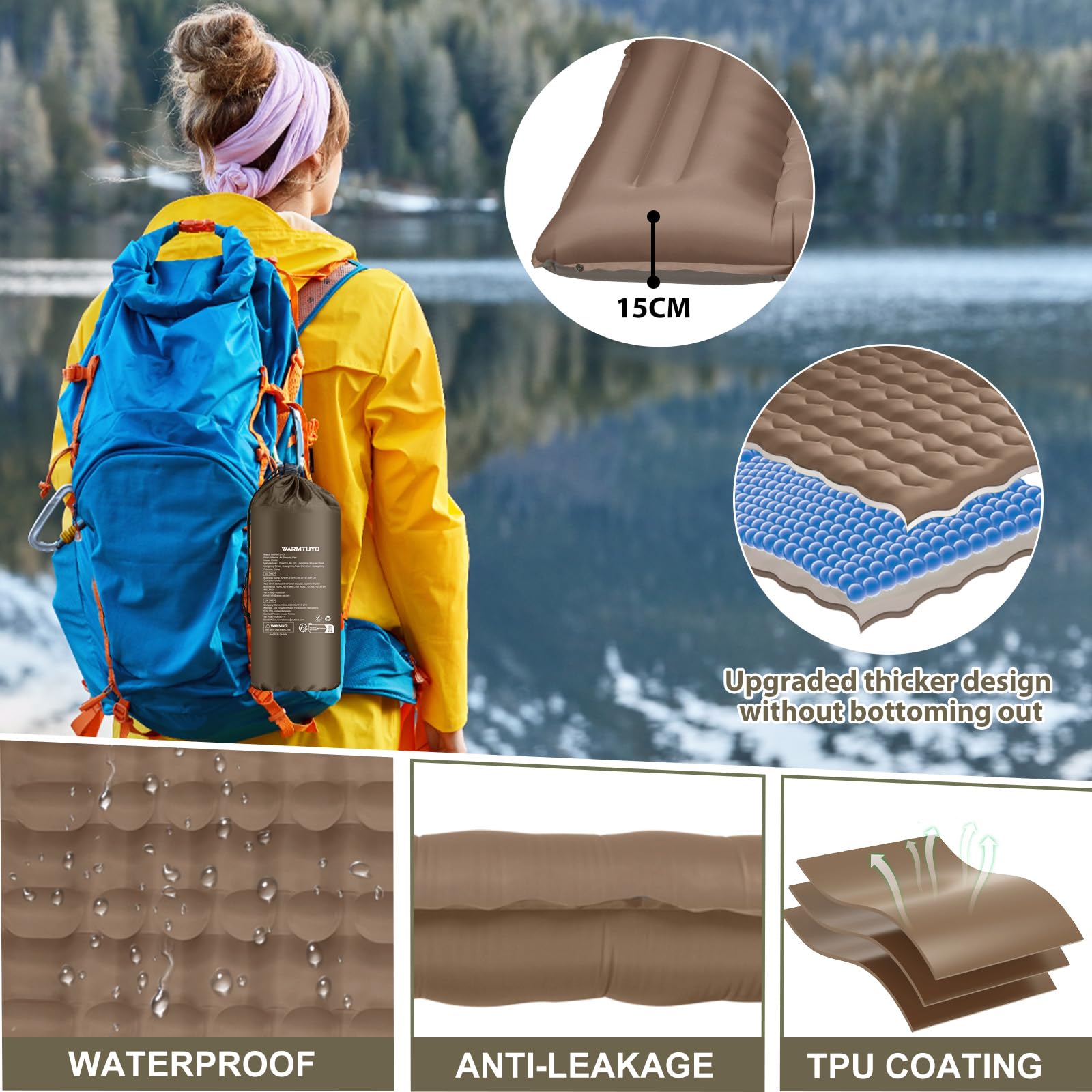 WARMTUYO Matelas isolant de camping - 12 cm - Gonflable - Petit encombrement - Étanche - Avec pompe à pied et coussin - Tapis de couchage antidérapant pour la randonnée et la plage