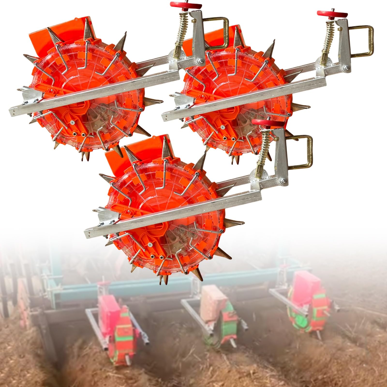 Set di 3 seminatrici trainate da Trattore, in Acciaio Inox con Dischi di Semina, profondità e interfila Regolabili, Ideali per la Semina di Giardini e Prati in Ambito agricolo