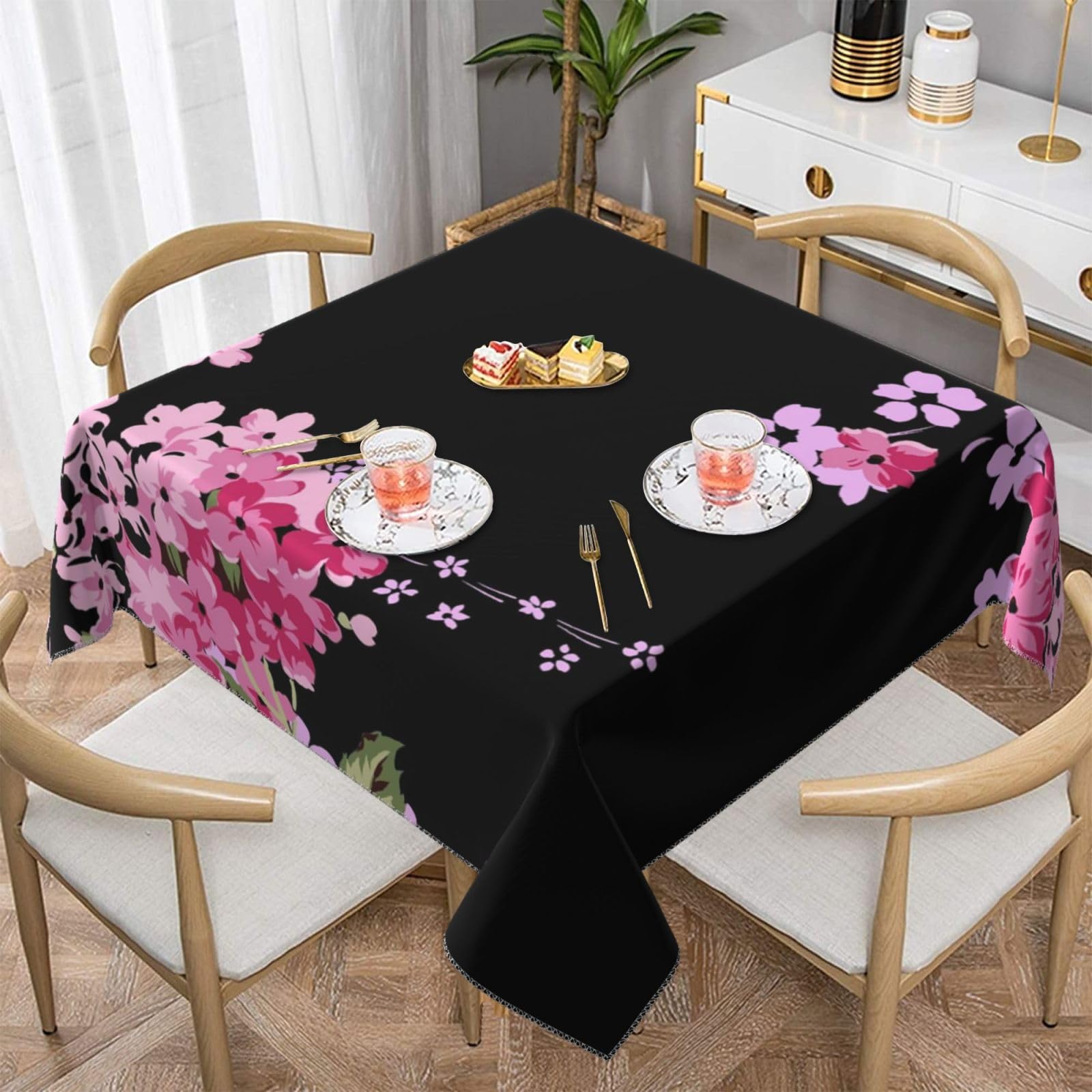 ZERAOKE Square Tablecloth 140x140 Cm, Beautiful Flowers - Table Cover, Polyester Wrinkle-Resistant Washable Tablecloths For Indoor/Outdoor Dining Parties Weddings (Fits 78 To 99cm Tables)
