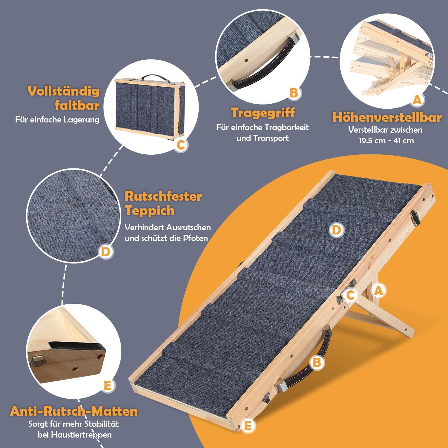 Hunderampe Klappbar Kiefernholz für Kleine, Hunde Haustierrampe mit Rutschfestem Teppich, Vielseitige, Tragbare, Verstellbarer Haustierrampe für Couch, Hochbett, Autos