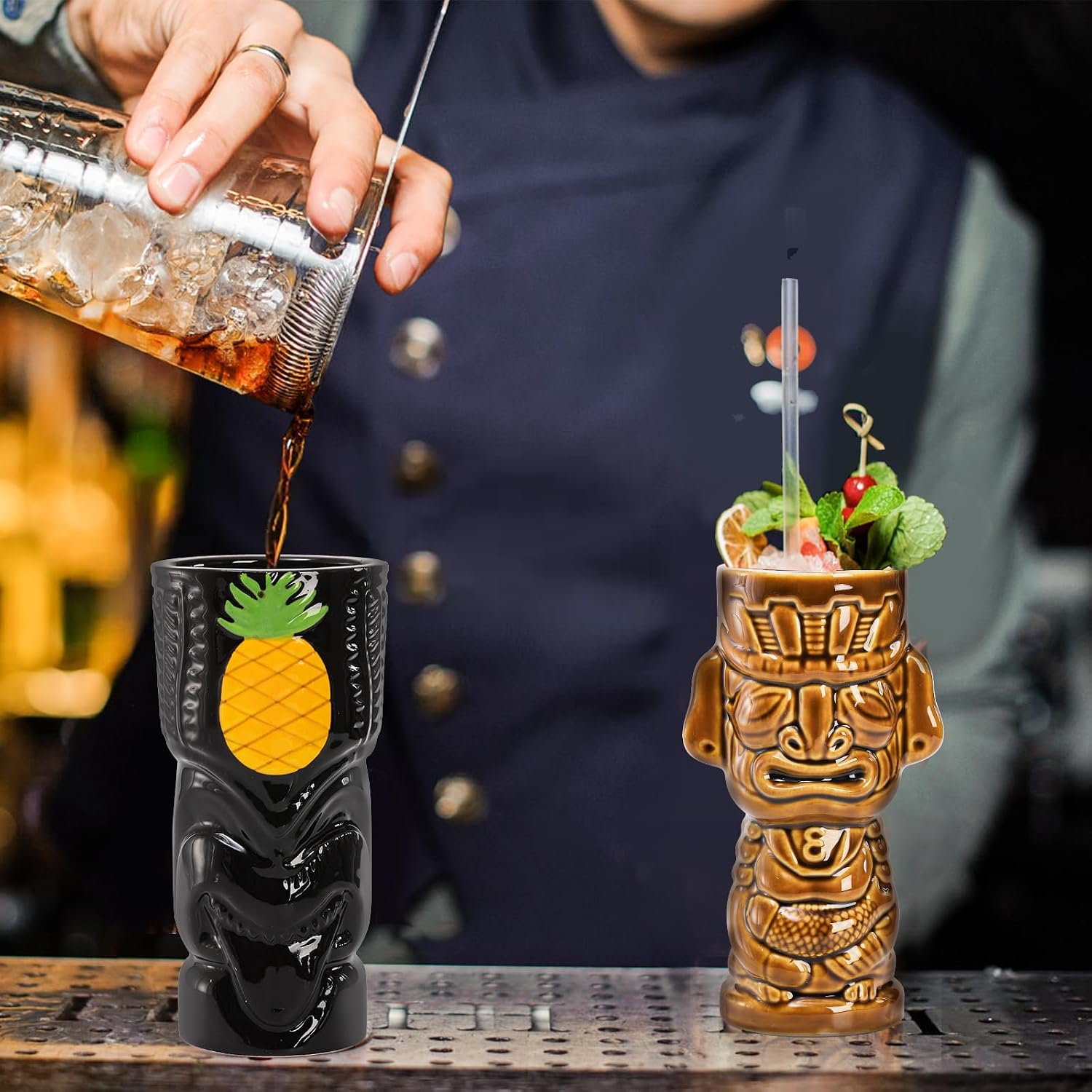 Goaste 4 Pack Ceramic Tiki Mugs, Large Hawaiian Tiki Glasses, Exotic Zombie Drinking Tumbler Cups, Tiki Bar Professional Barware for Cocktail, Mai Tai, Whiskey, Rum, Vodka, Party Decorations