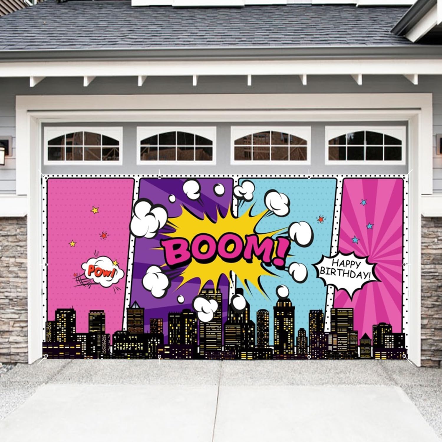 Pink Cartoon Super City Garage Door Banner Decorations 7 x 16 ft Super City Birthday Urban Cityscape Boom City Garage Door Cover Backdrop Birthday Party Baby Shower Banner Garage Door Supplies