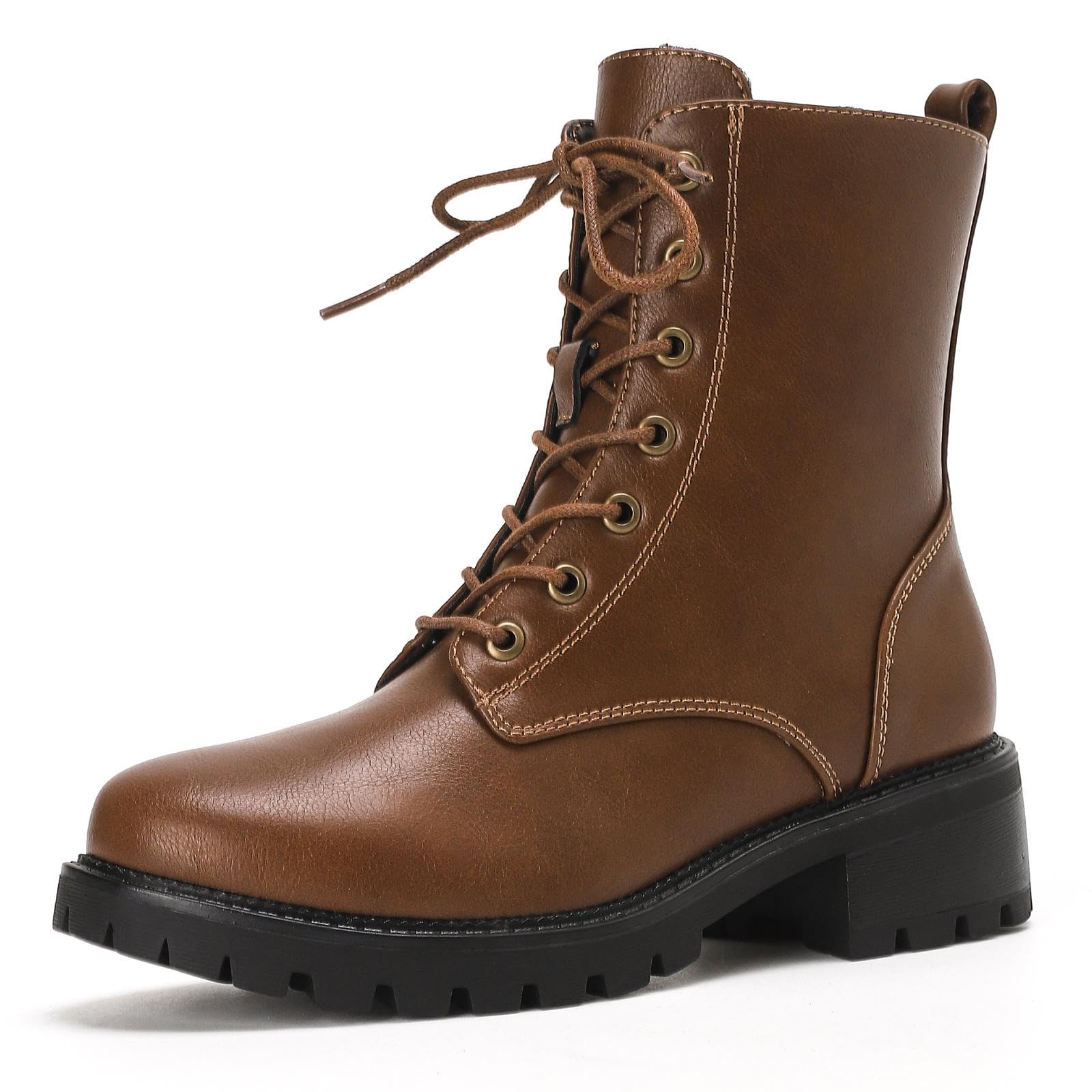 Putu Damen Stiefel mit Schnürung seitlichem Reißverschluss Modische Schnürstiefeletten aus Kunstleder mit Profilsohle Herbst Winter Boots für Alltag Freizeit