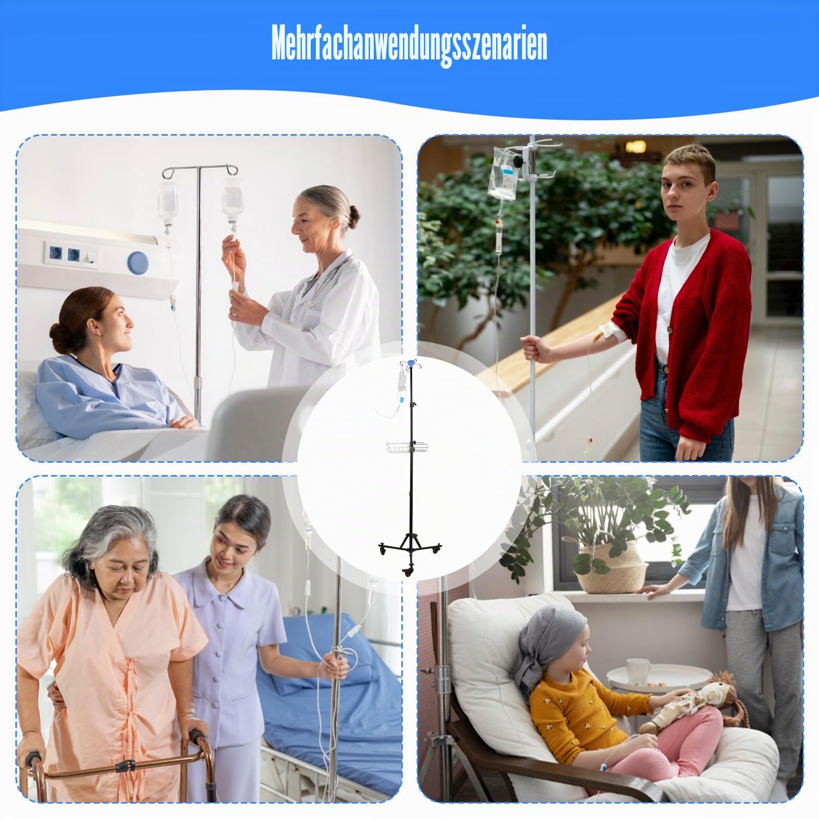 Tragbarer Infusionsständer, Verstellbarer Infusionsständer mit Rollen, Infusionsständer Klein Klappbar mit 4 Haken 3 Netztaschen Ablagekorb und Alarm