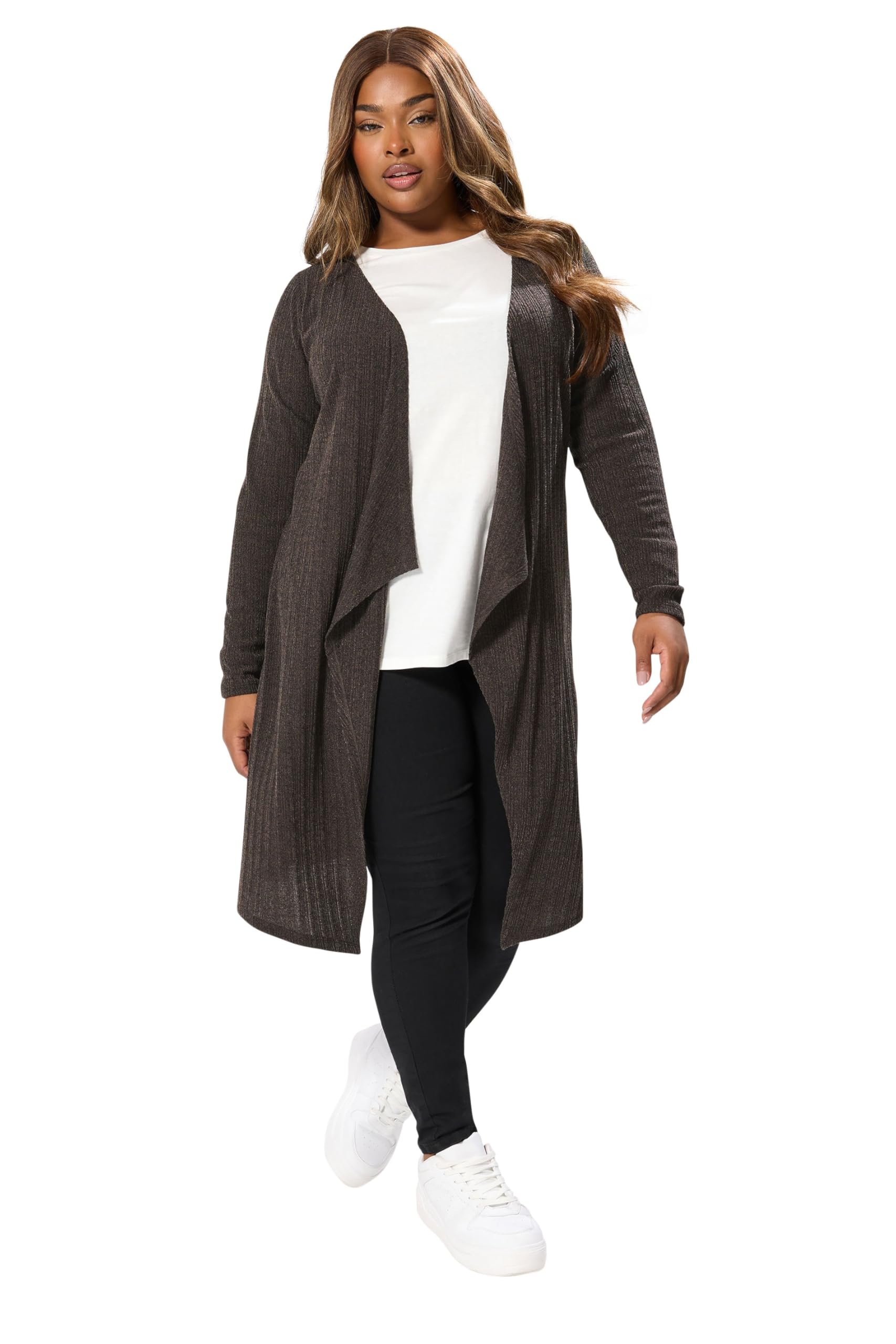 Yours Curve Chocolate Ribbed Midaxi Waterfall Cardigan - Women's - Plus Size Curve