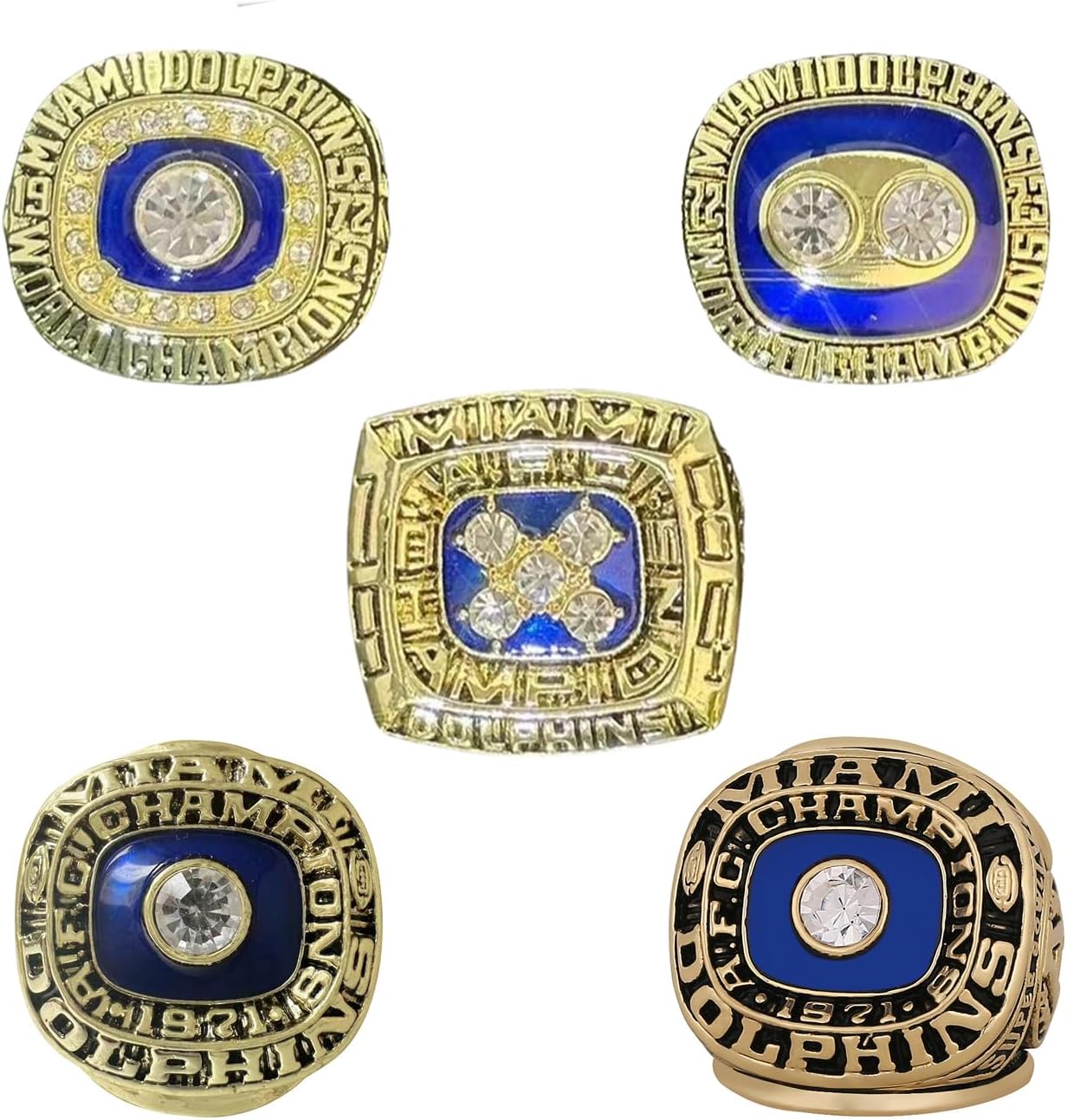 GIFT SET MIAMI COMMEMORATIVE RINGS FOR1971 1972 1973 1982 1984 5-TIMES BASEBALL CHAMPIONSHIPS, 5 RINGS SET WITH 5-HOLE WOODEN DISPLAY BOX PACKAGING, HOLIDAY GIFT FOR BASEBALL FANS