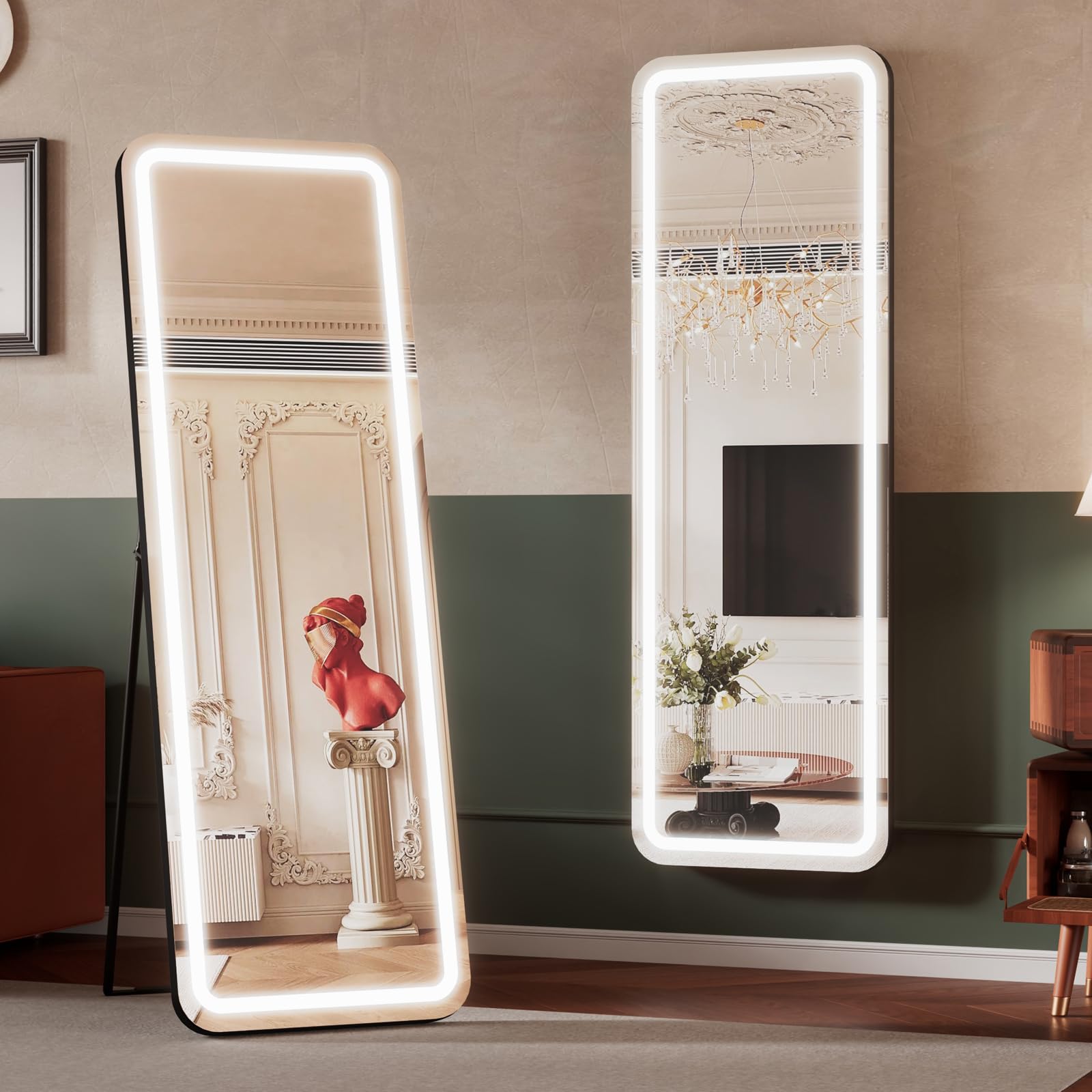 63"x20" LED Full-Length Mirror - Stand or Wall Mount Mirror with Lights, Full Body Mirror with Lights, 3 Color Modes, Dimmable Lights - Floor Length Mirror with Lights for Bedroom