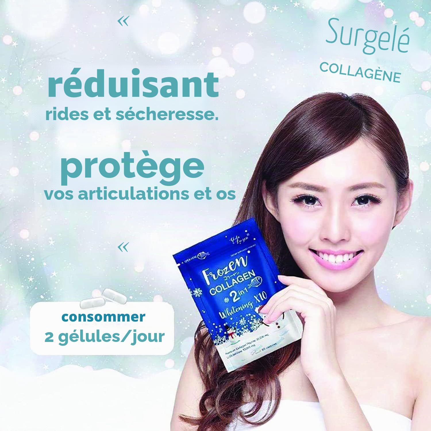 Collagene congelé 2 en 1 blanchissant X10, formule anti-âge qui réduit les taches d'acné, 60 gélules (collagène congelé)
