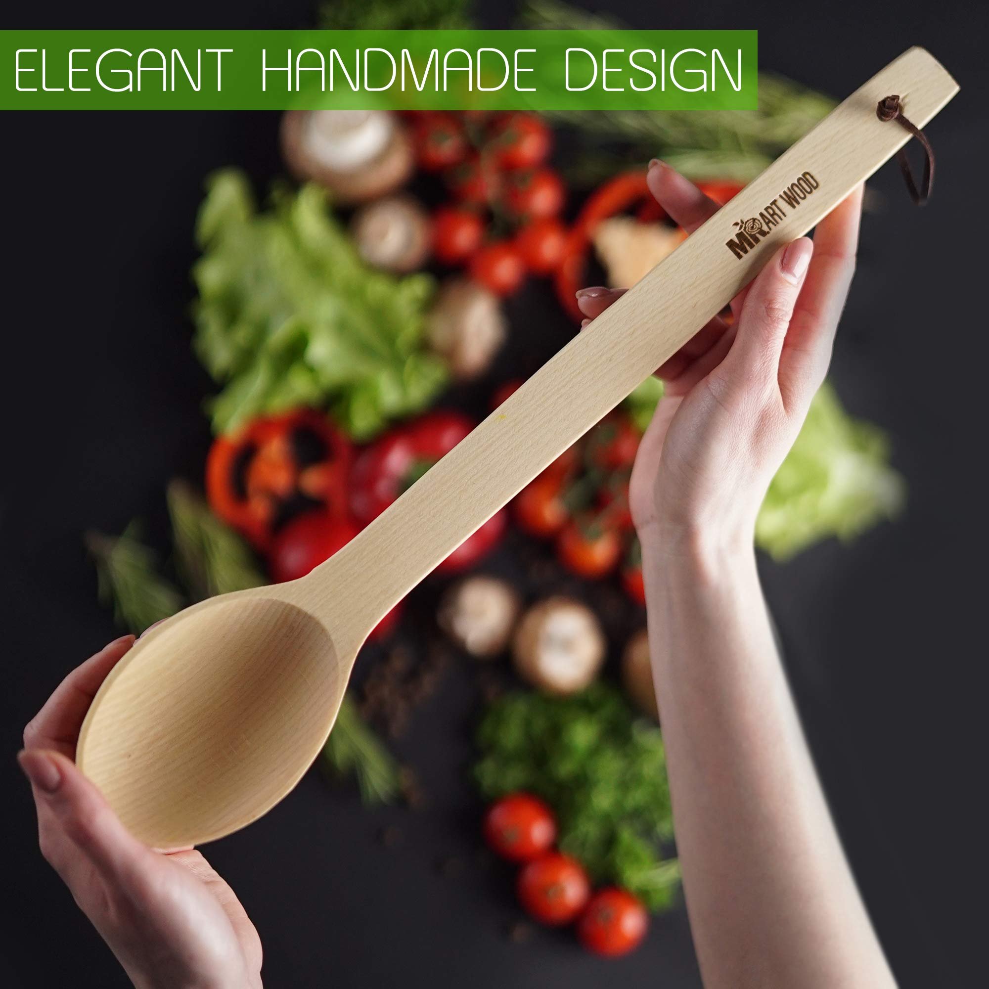 Cuchara de madera grande – Cuchara de cocina hecha a mano resistente de 17 pulgadas de largo con una cuchara y lazo de cuero resistente al calor, cuchara grande para agitar, mezclar