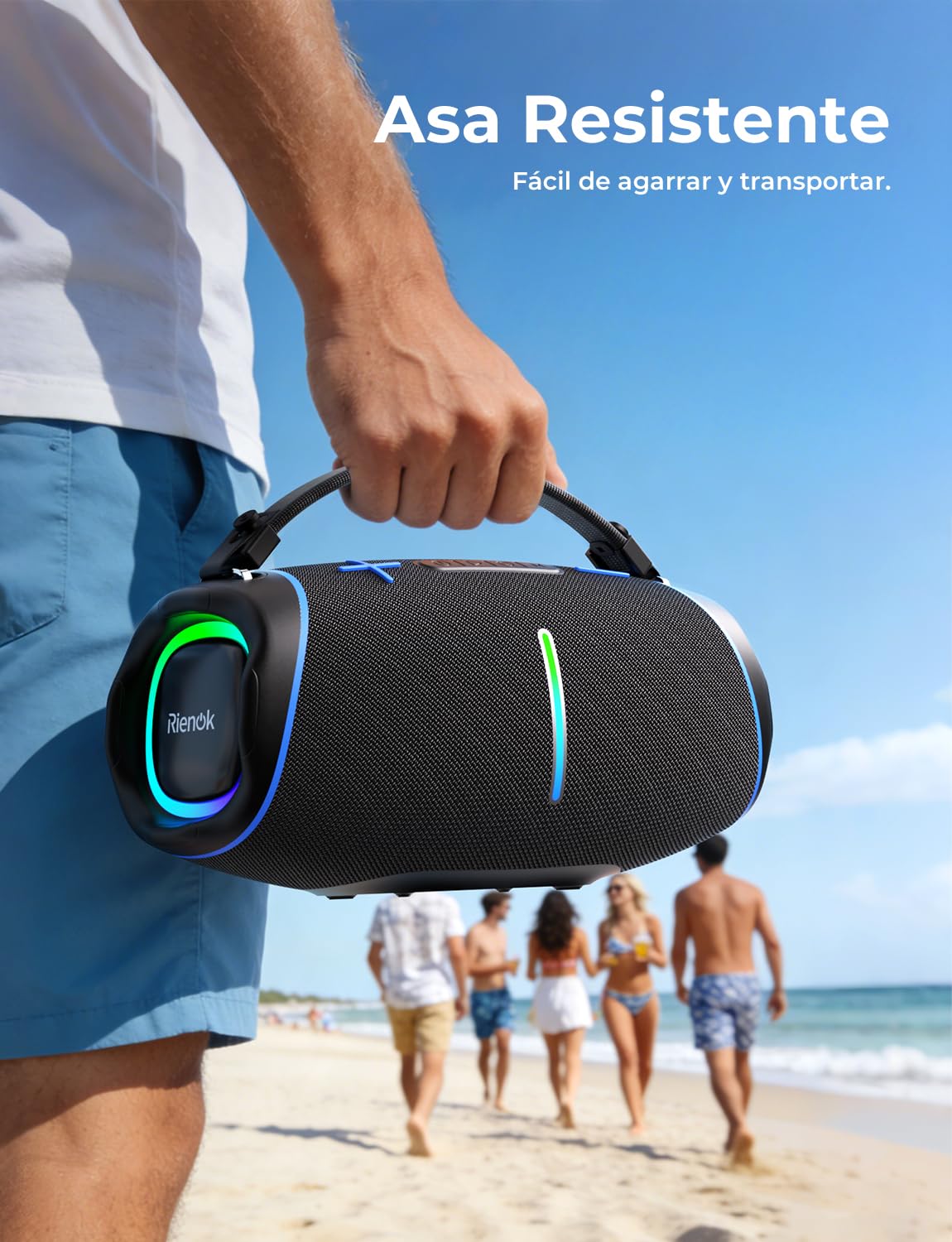 RIENOK Altavoz Bluetooth Potente 100W Portátil 30H con 2 Tweeters 2 Woofers | Impermeable IPX6 Luces RGB Bluetooth 5.3 Inalámbrica Emparejamiento Estéreo Apoya 128G Tarjeta TF, AUX, Memoria USB