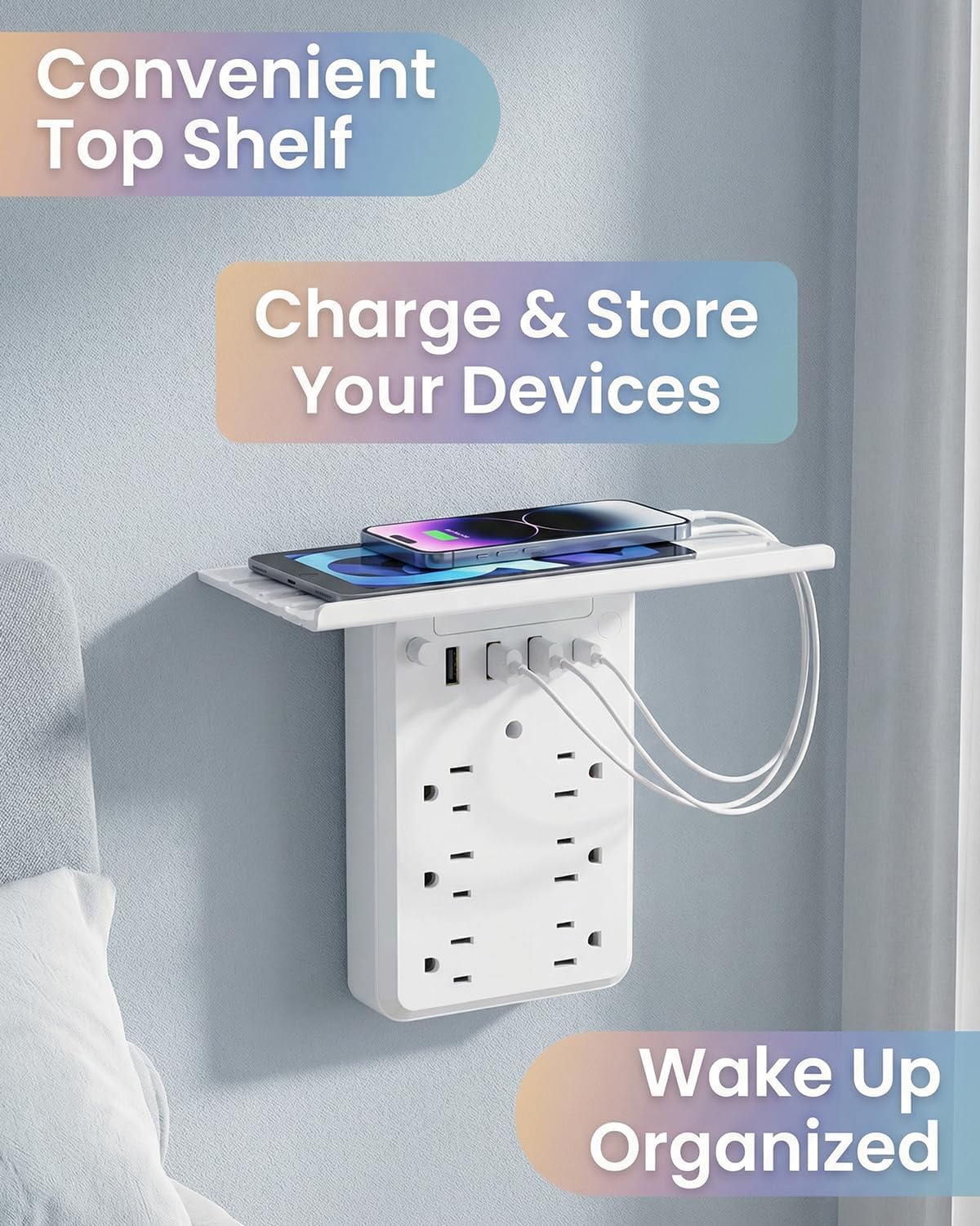 Multi-Functional Power Strip with Panel,Wall Outlet Extender with Shelf,6-Outlet Surge Protector with USB-A & USB-C,for Home Office, Bedroom, Kitchen, Travel