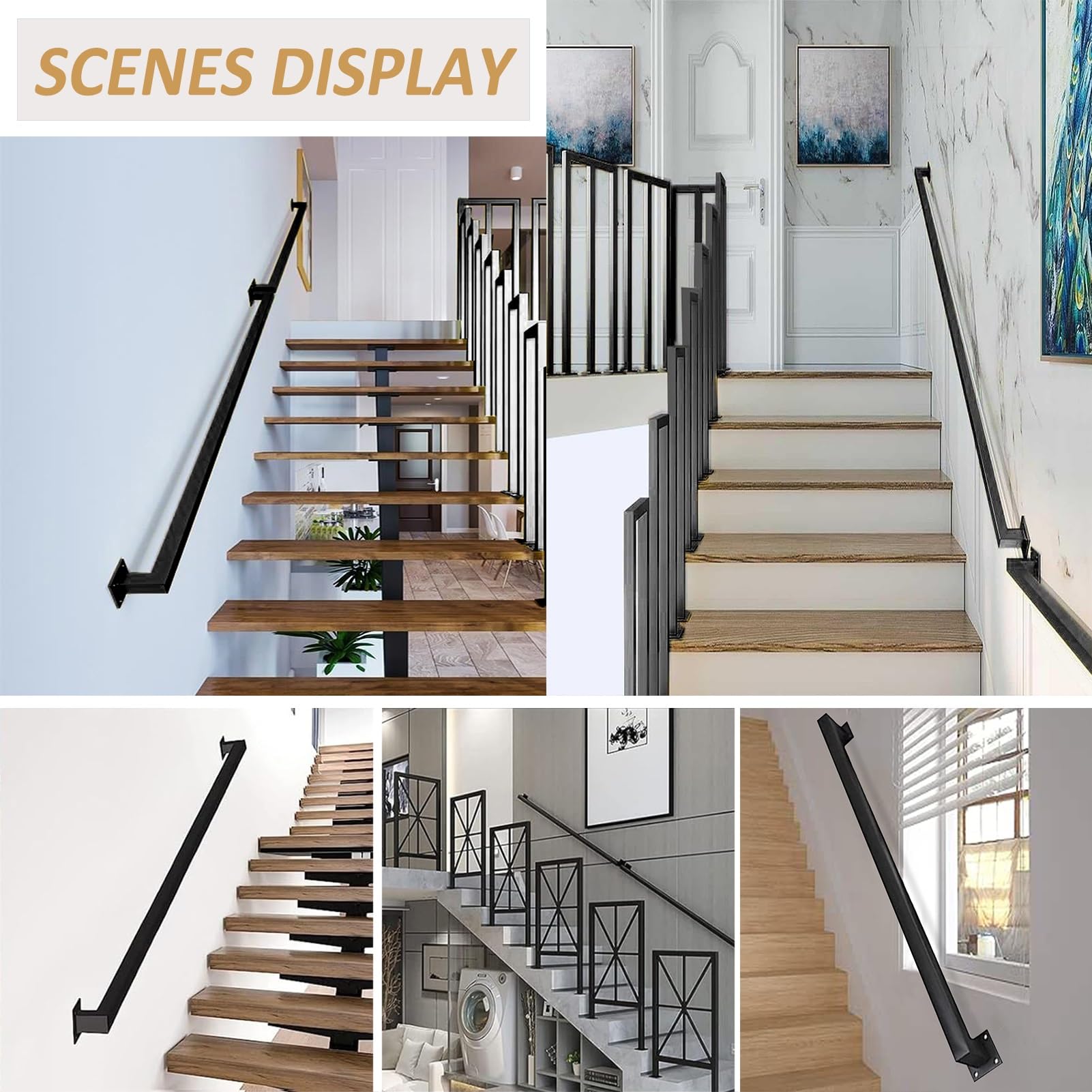 Schwarzes Metall für Treppen, 1 m bis 6 m, Sicherheitsgeländer mit Wandhalterungen und Metallschrauben, Schmiedeeisernes Treppengeländer, verstellbare Größe (500 cm)
