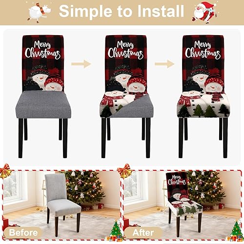 Miniatura 2 de Juego de 4 fundas para sillas de comedor de Navidad, fundas elásticas para sillas de comedor con diseño de muñeco de nieve y pino, protector de
