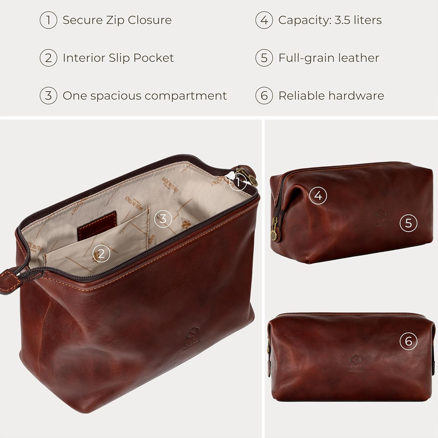 Time Resistance Leather Toiletry Bag Cosmetic Case Italian Classy Dopp Kit - Image 6