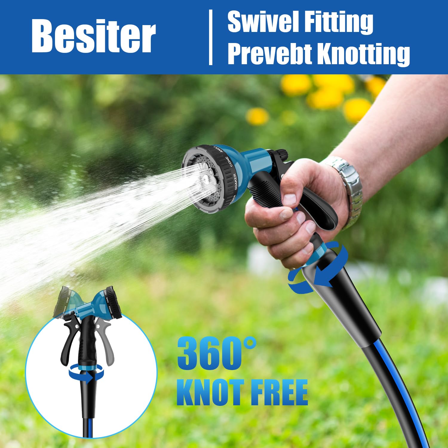 Besiter Manguera de jardín resistente de 5/8 pulgadas y 50 pies: manguera de agua de goma flexible con pulverizador de 10 funciones, tubo duradero para campistas exteriores, agricultores, longitud