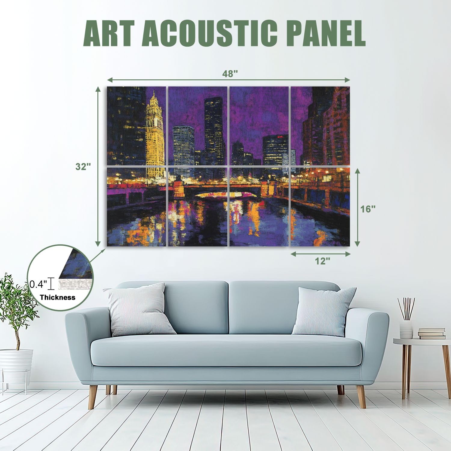 8 Pack Art Acoustic Panels Sound Absorbing Chicago Skyline Downtown Night River Reflection Sky Bridges Decorative Soundproof Wall Panels Self Adhesive for Recording Studios Office 48